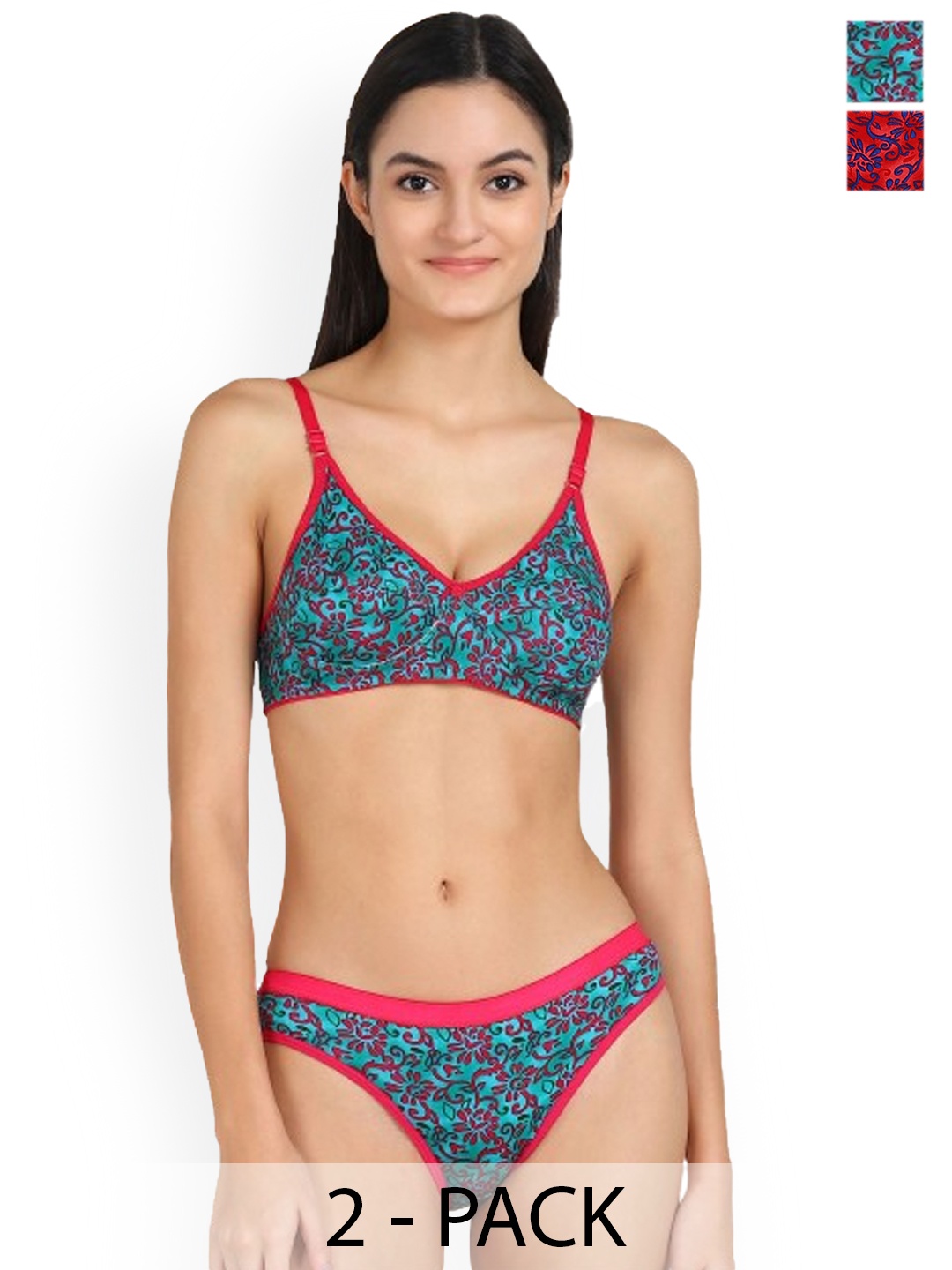

In-Curve Pack Of 2 Printed Mid-Rise Cotton Lingerie Set, Red