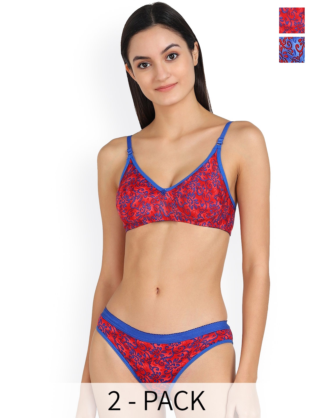 

In-Curve Pack Of 2 Printed Mid-Rise Cotton Lingerie Set, Red
