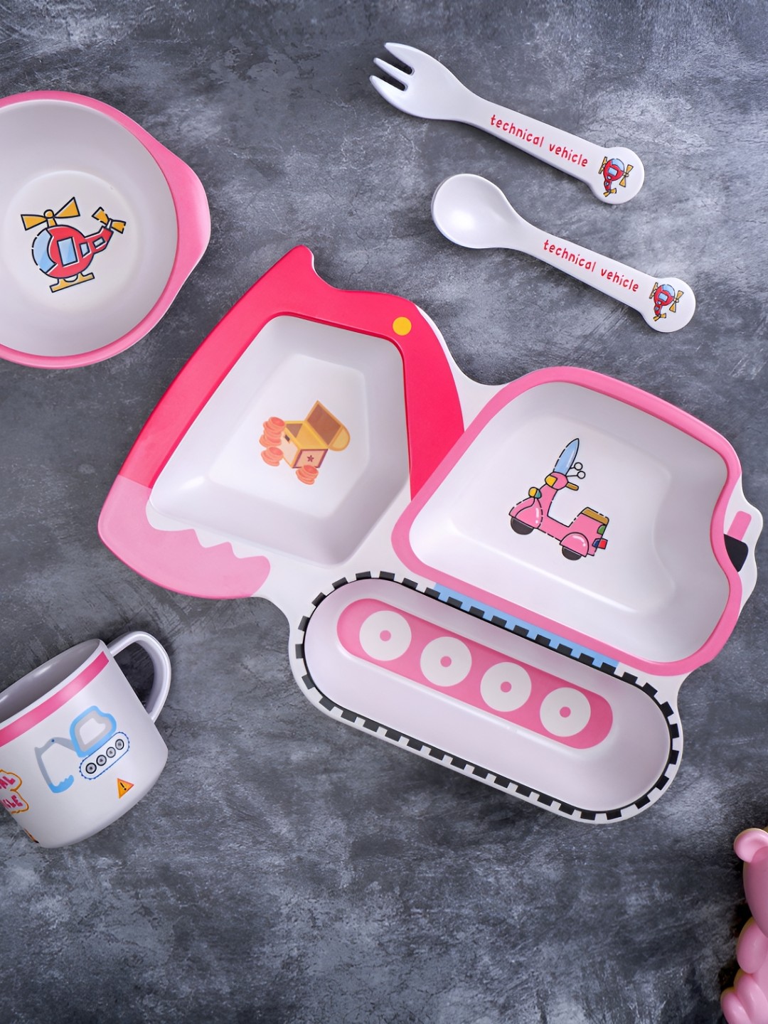 

THE BAMBOO CO Kids Pink & White 5 Pieces Bulldozer Printed Bamboo Matte Dinner Set