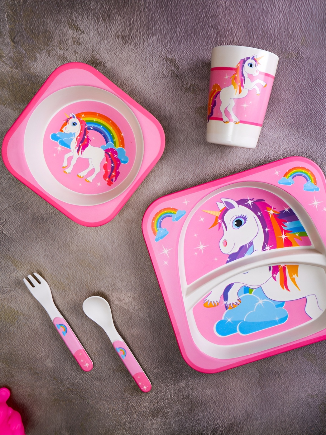 

THE BAMBOO CO Kids Pink & White 5 Pieces Unicorn Printed Bamboo Matte Dinner Set