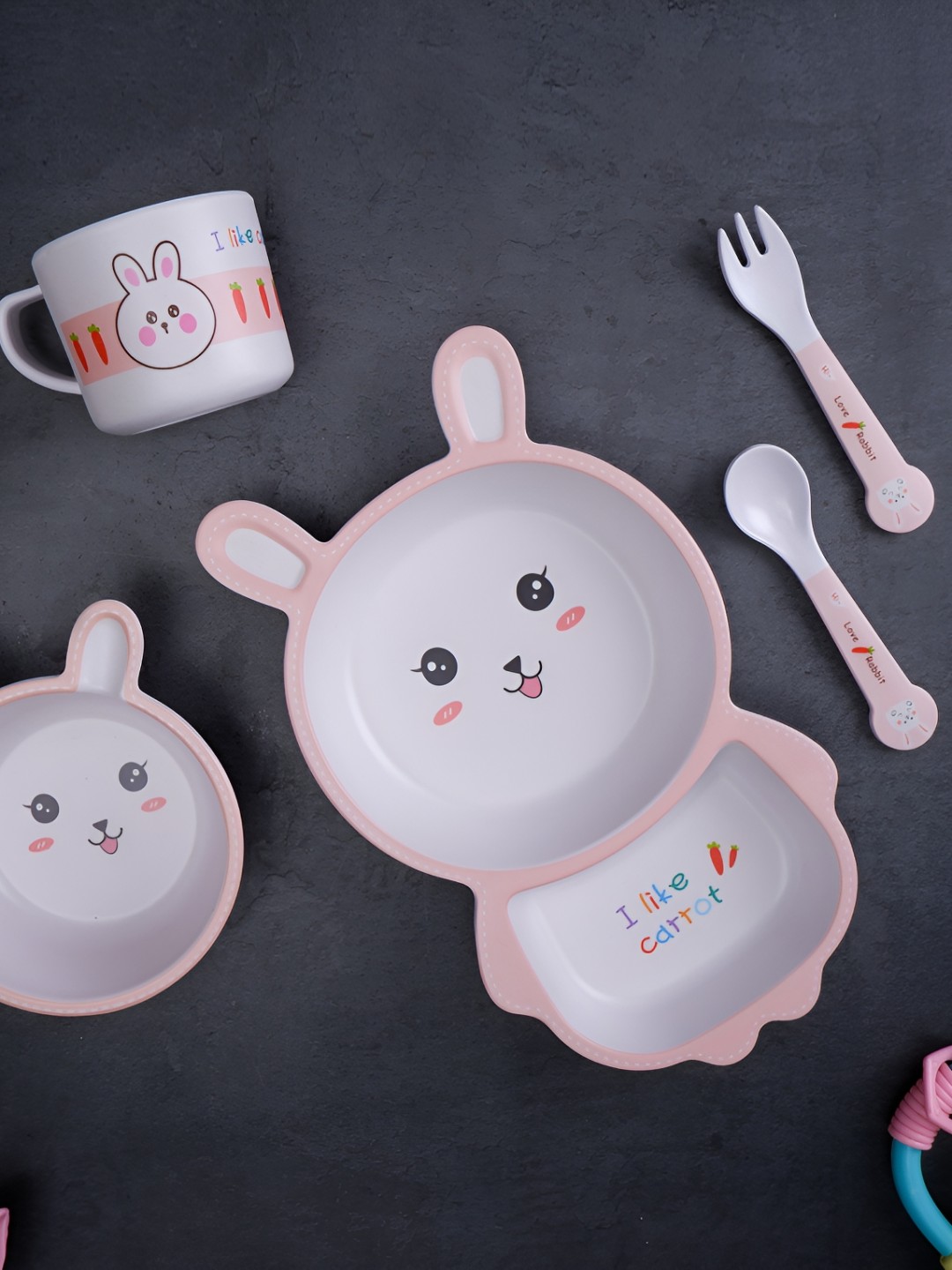 

THE BAMBOO CO Kids White & Pink 5 Pieces Radiant Rabbit Bamboo Matte Dinner Set
