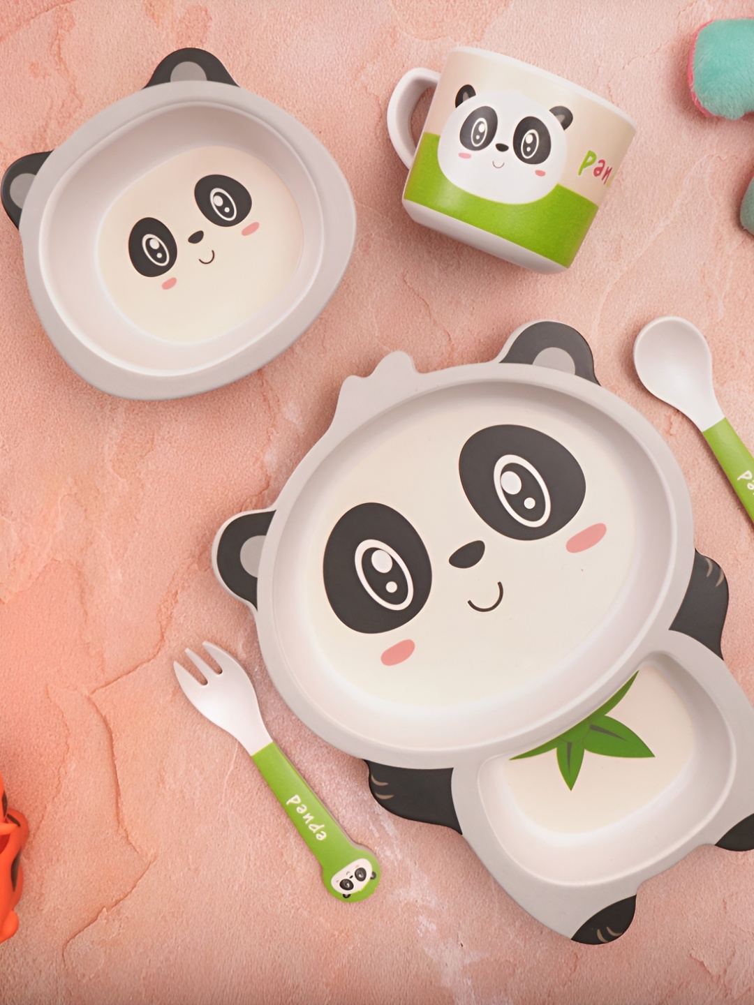 

THE BAMBOO CO Playful Kids Off White & Grey 5 Pieces Panda Printed Bamboo Matte Dinner Set