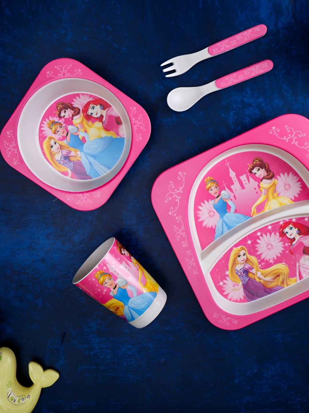 

THE BAMBOO CO Kids Pink & Blue 5 Pieces Disney Princess Printed Bamboo Matte Dinner Set