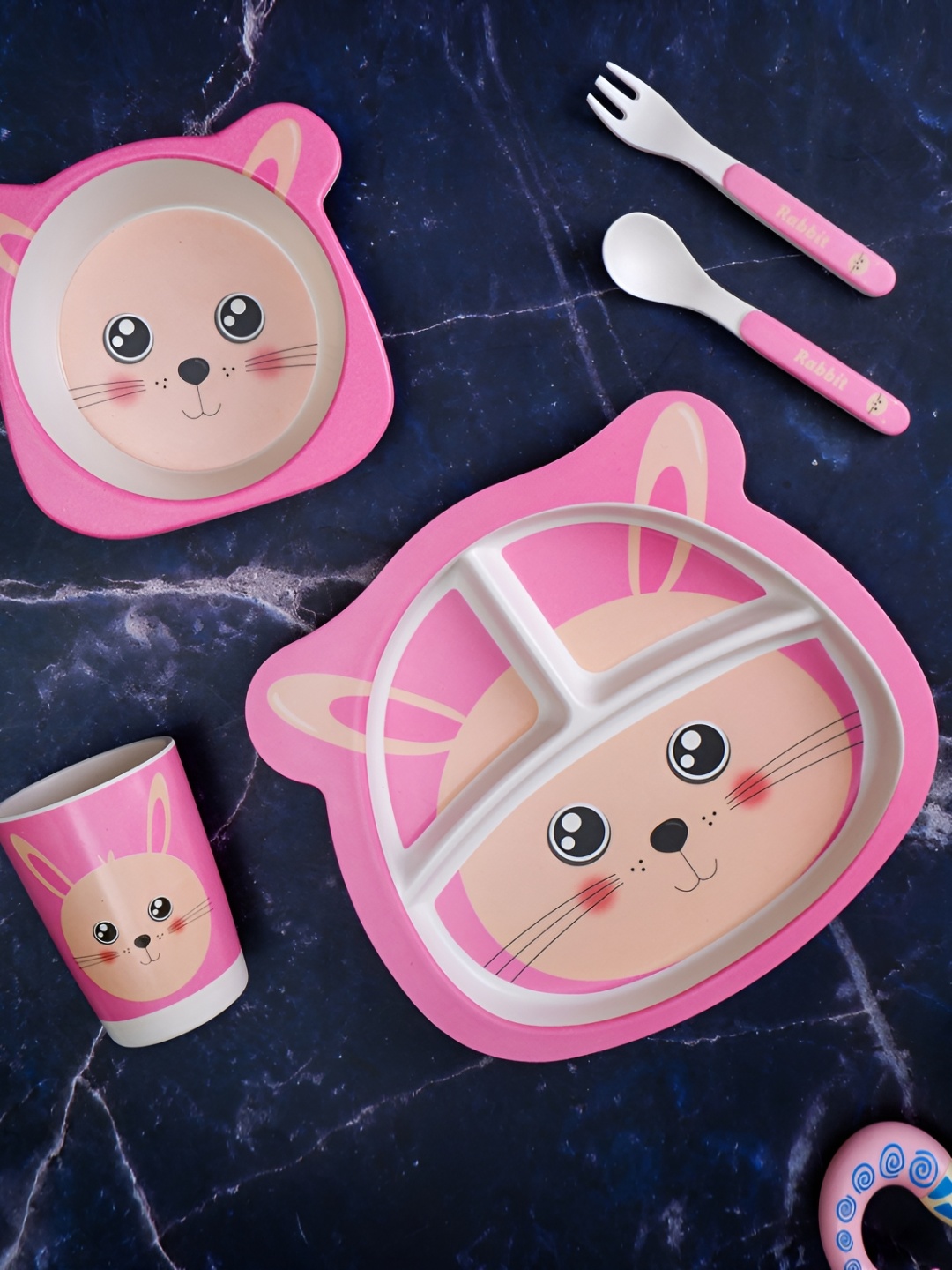 

THE BAMBOO CO Kids Pink & Peach-Coloured 5 Pieces Printed Bamboo Matte Dinner Set