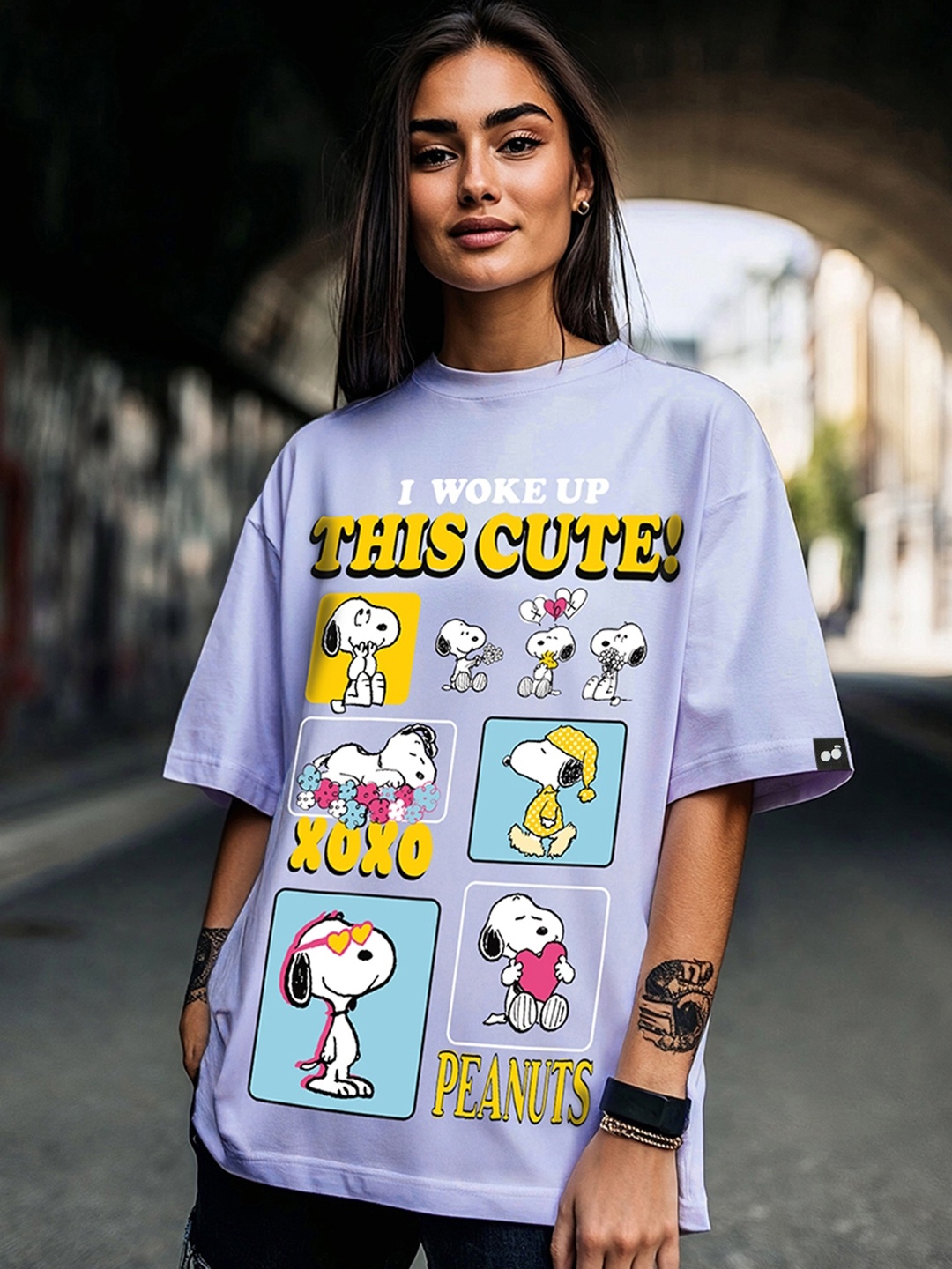 

Bewakoof Peanuts Women Graphic Printed Oversized T-shirt, Purple
