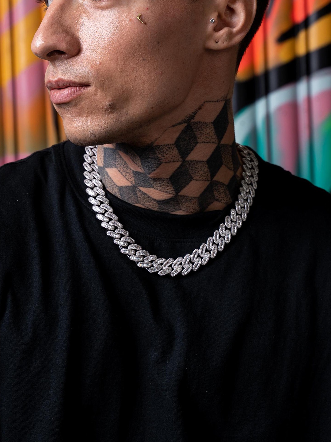 

Drip Project Men Brass Rhodium-Plated Cubic Zirconia Stone Studded Chain, Silver