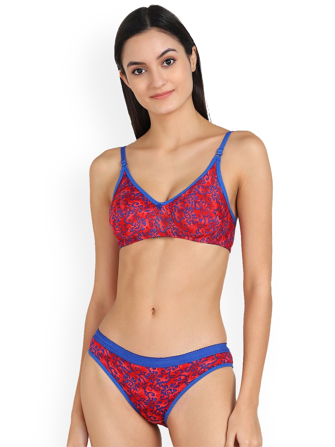 Aamarsh Floral Printed Cotton Briefs Lingerie Set, Red