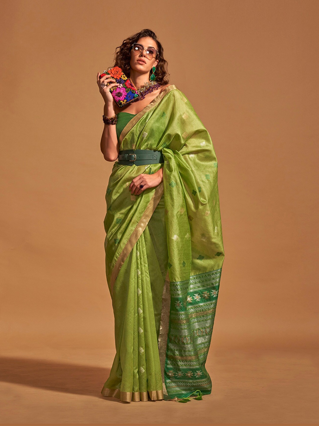 

elora Ethnic Motifs Woven Design Zari Saree, Green