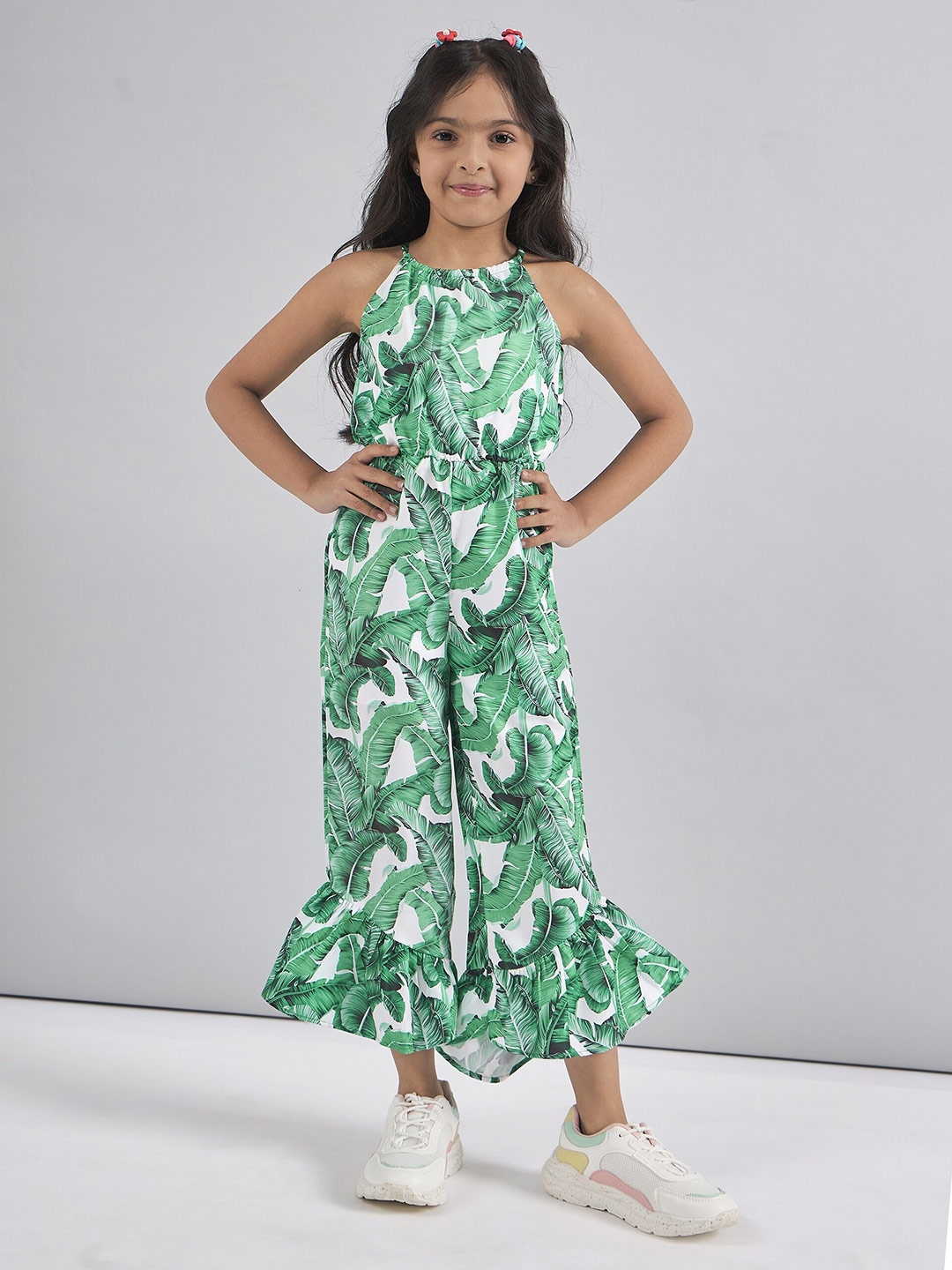 

pspeaches Girls Halter Neck Printed Silk Basic Jumpsuit, Green