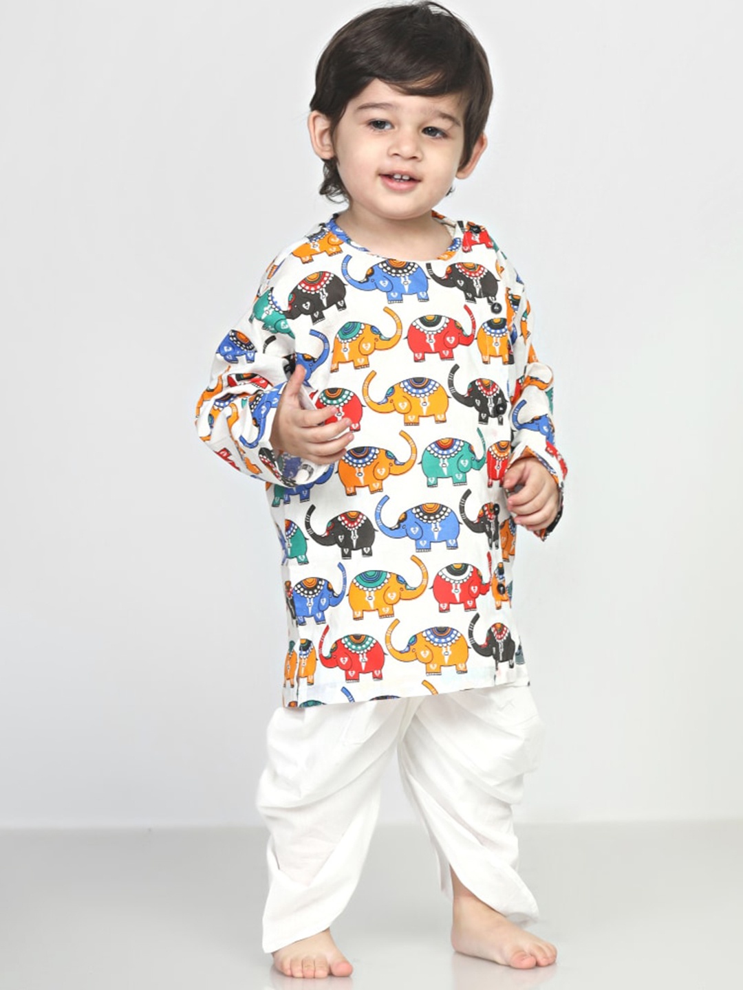 

Polka Tots Kids Printed Regular Kurta with Dhoti Pants, White