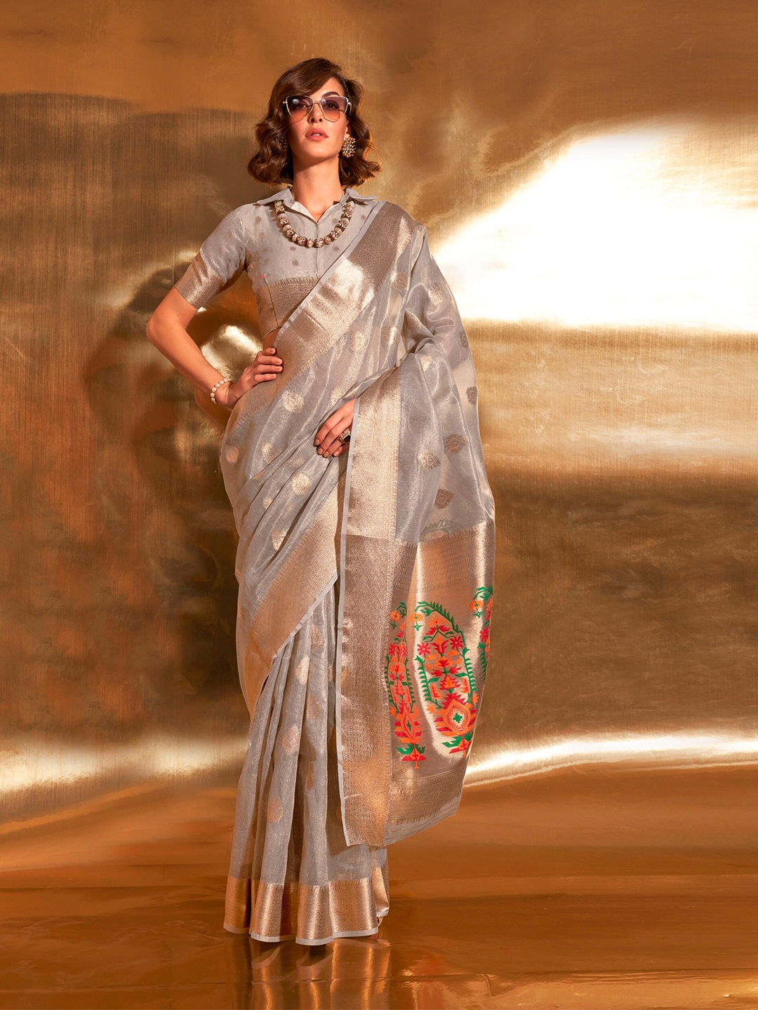 

elora Ethnic Motifs Woven Design Zari Tissue Paithani Saree, Grey