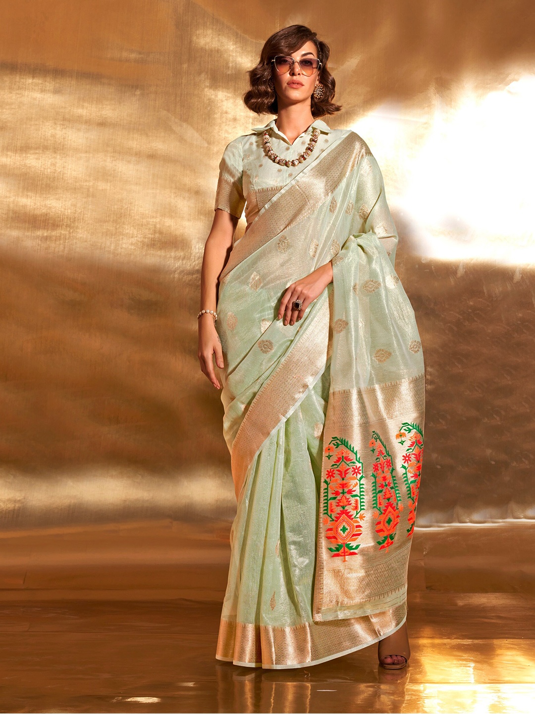 

elora Ethnic Motifs Woven Design Zari Tissue Paithani Saree, Sea green