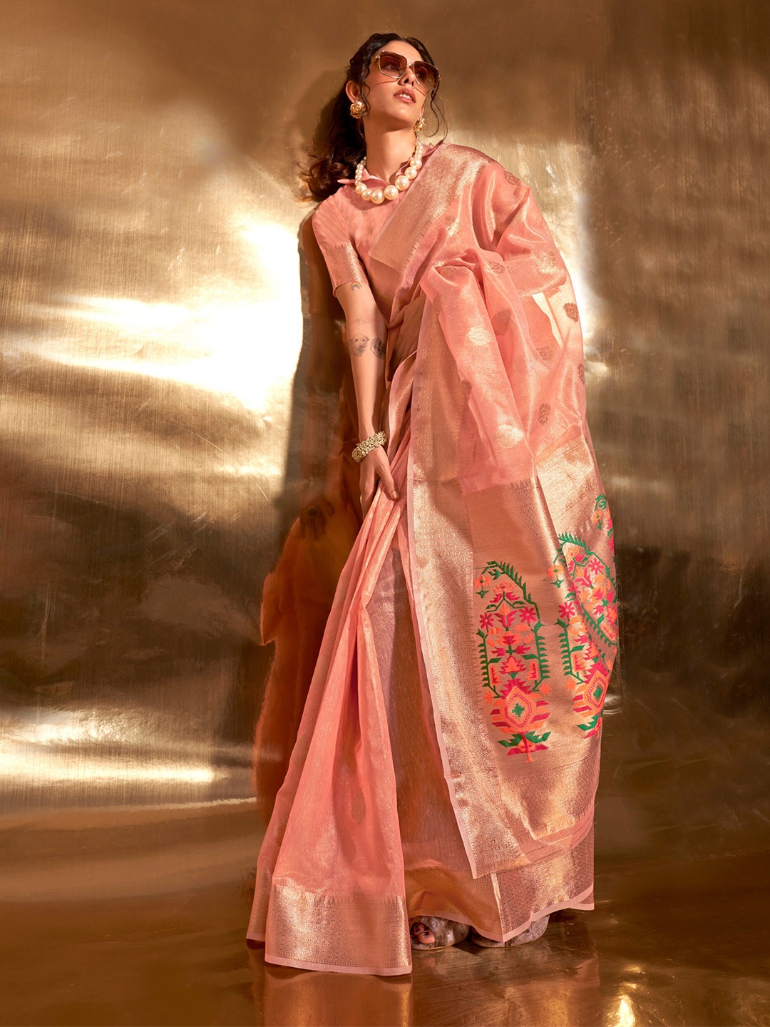 

elora Ethnic Motifs Woven Design Zari Tissue Paithani Saree, Peach