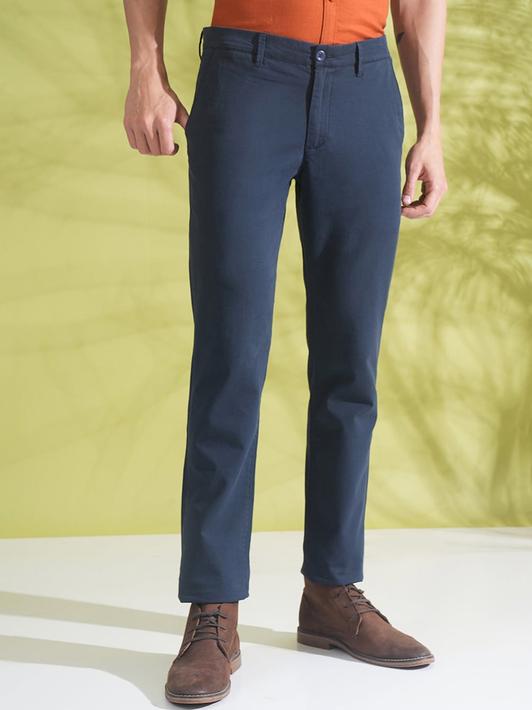 

Crocodile Men Slim Fit Mid-Rise Plain Cotton Regular Trousers, Blue