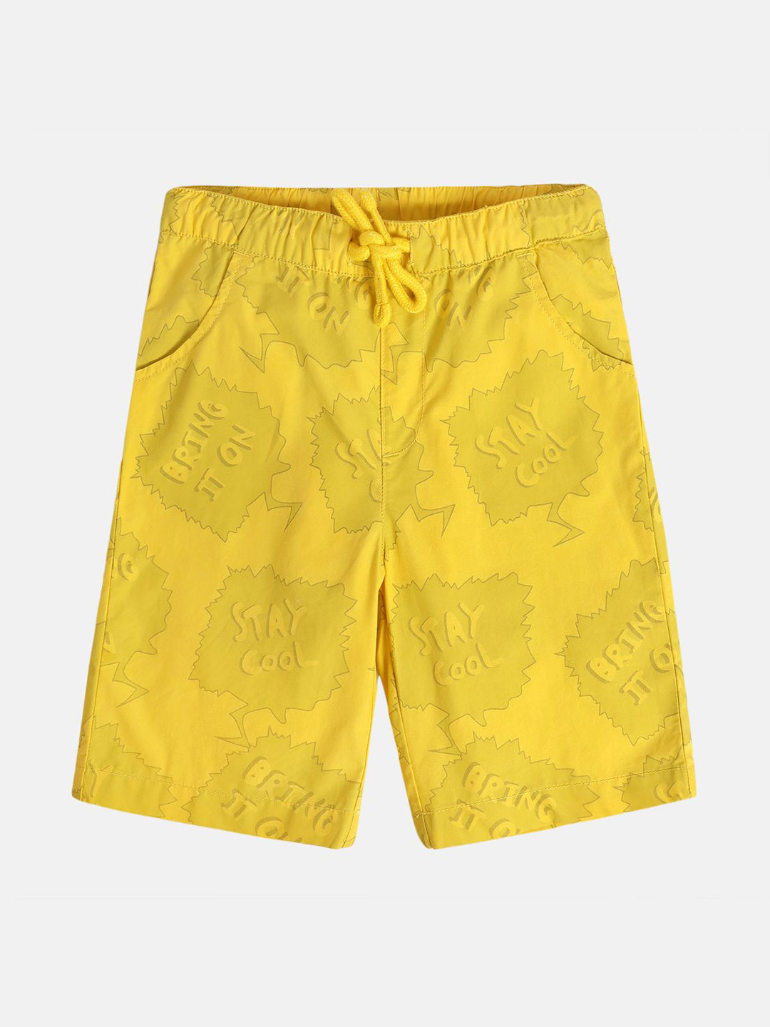 

MINI KLUB Boys Conversational Printed Mid-Rise Pure Cotton Shorts, Yellow