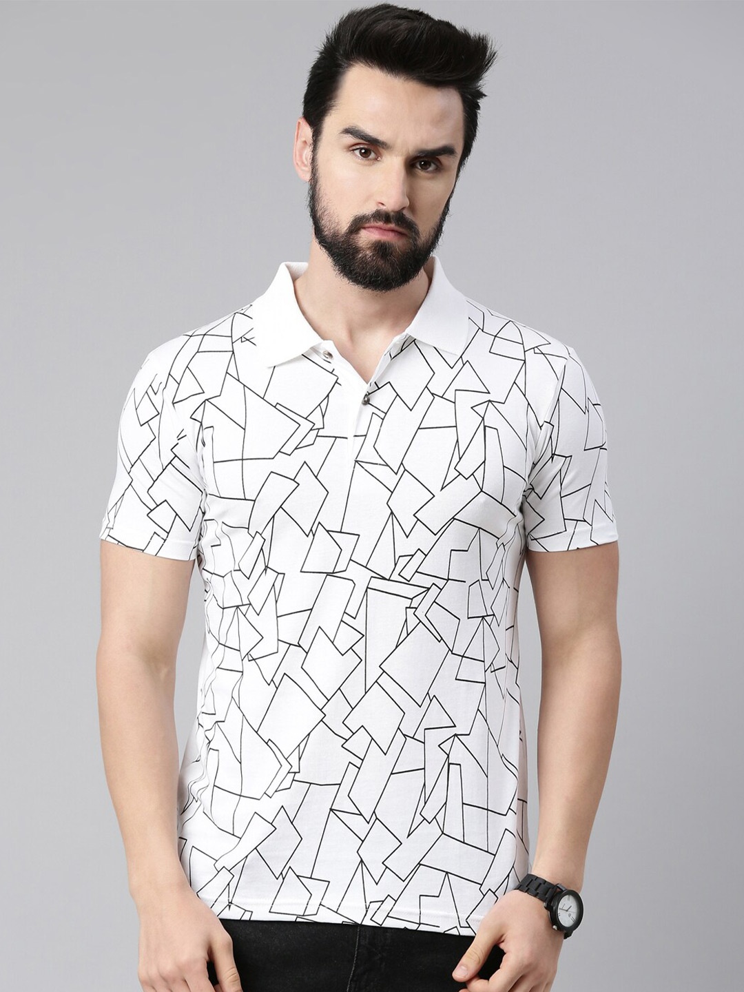 

Kryptic Geometric Printed Polo Collar Cotton T-shirt, White