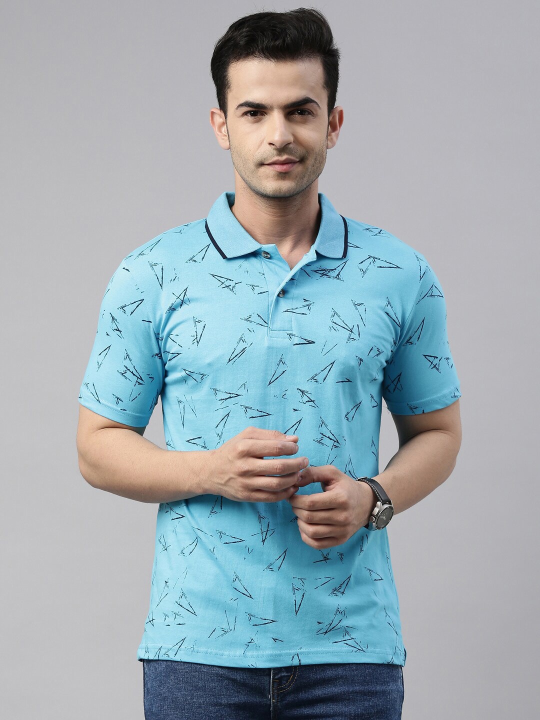 

Kryptic Geometric Printed Polo Collar T-shirt, Blue