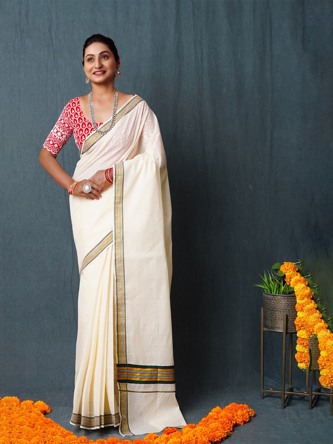 

Unnati Silks Zari Pure Cotton Kasavu Saree, Cream