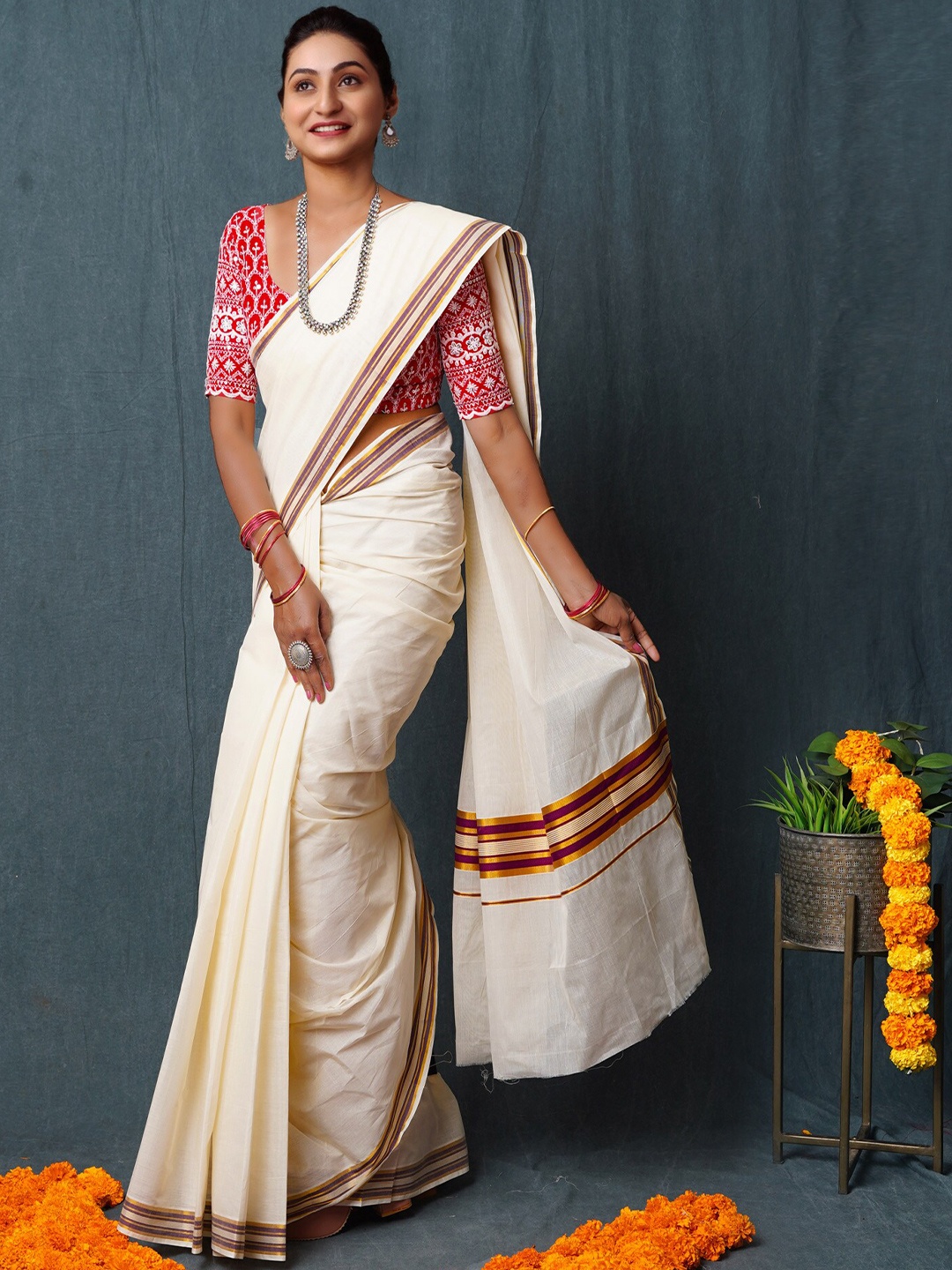 

Unnati Silks Zari Pure Cotton Kasavu Saree, Cream