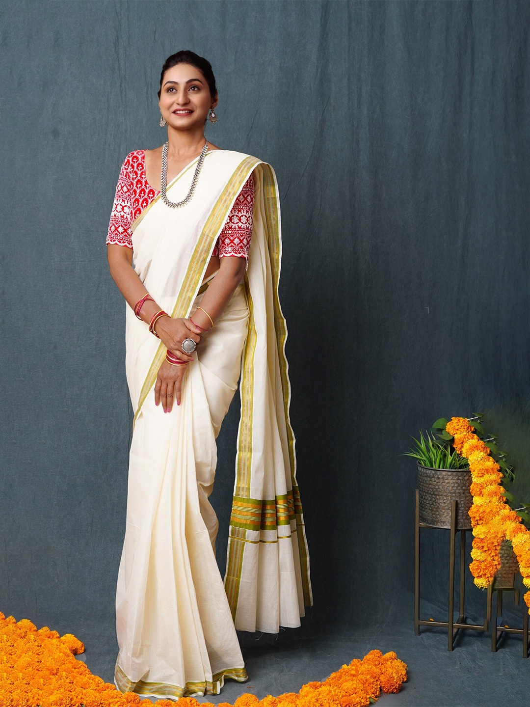 

Unnati Silks Zari Pure Cotton Kasavu Saree, Cream