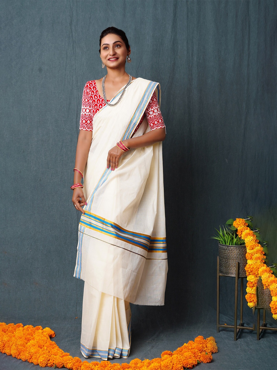 

Unnati Silks Zari Pure Cotton Kasavu Saree, Cream