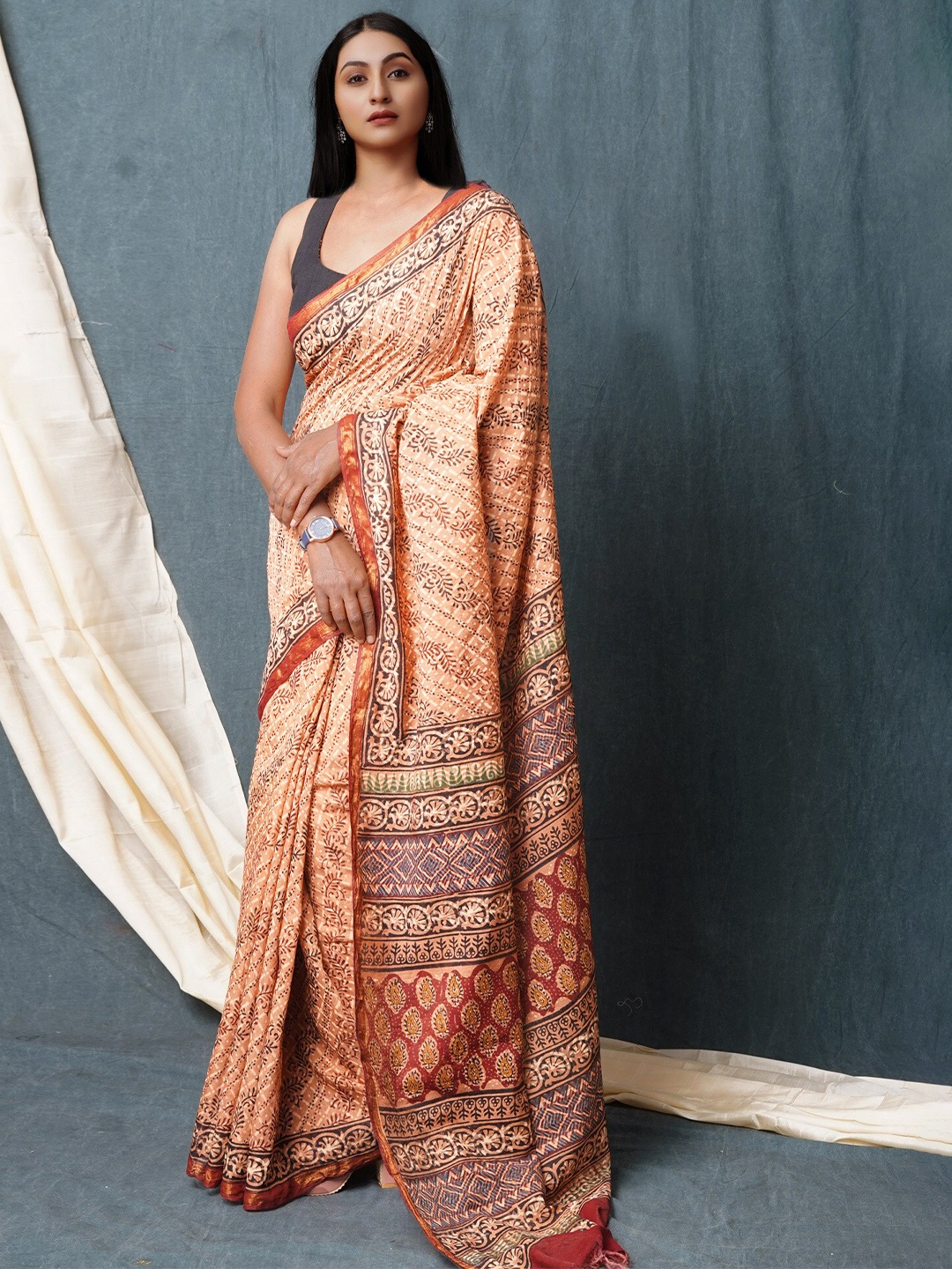 

Unnati Silks Silk Cotton Chanderi Saree, Brown