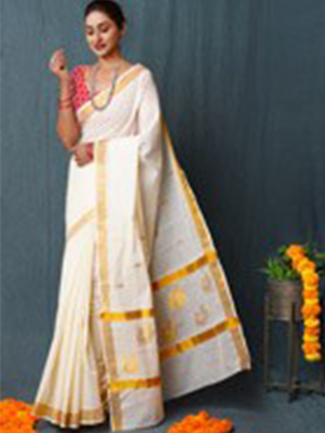 

Unnati Silks Pure Cotton Kasavu Saree, Cream