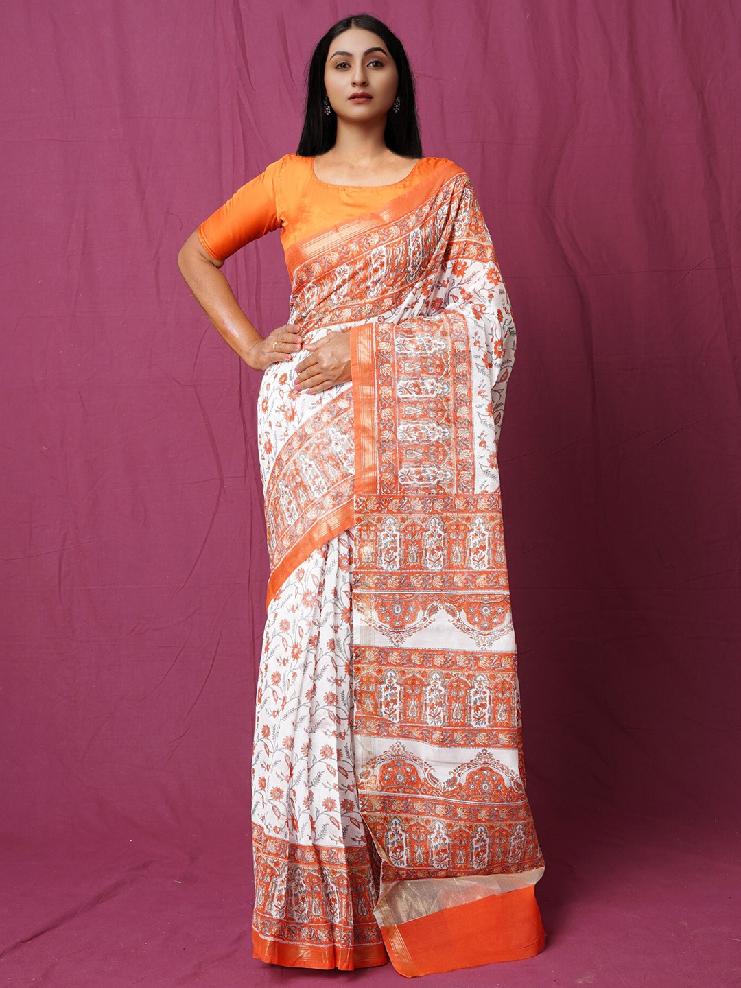 

Unnati Silks Floral Printed Zari Handloom Chanderi Saree, White