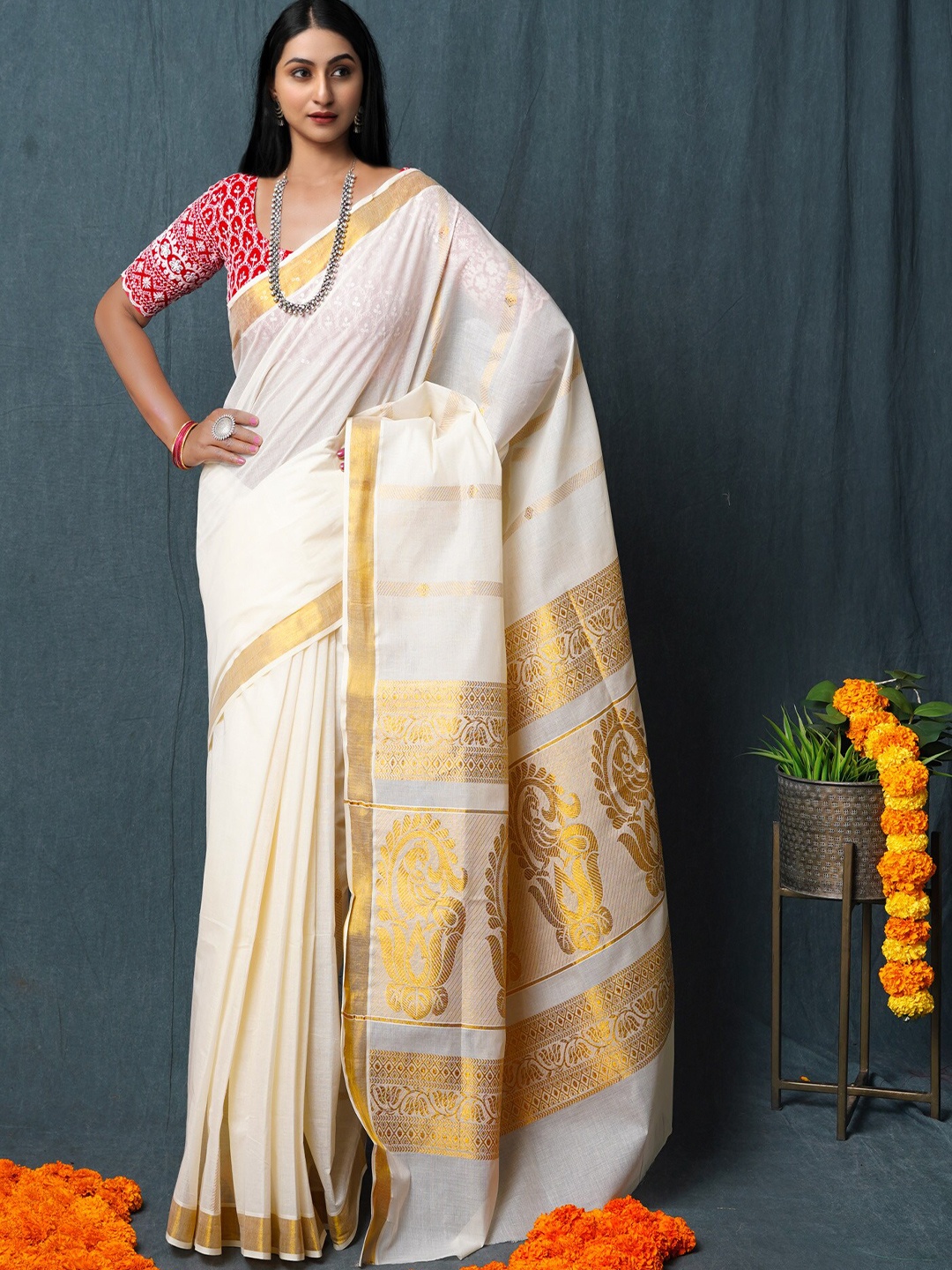 

Unnati Silks Zari Pure Cotton Kasavu Saree, Cream