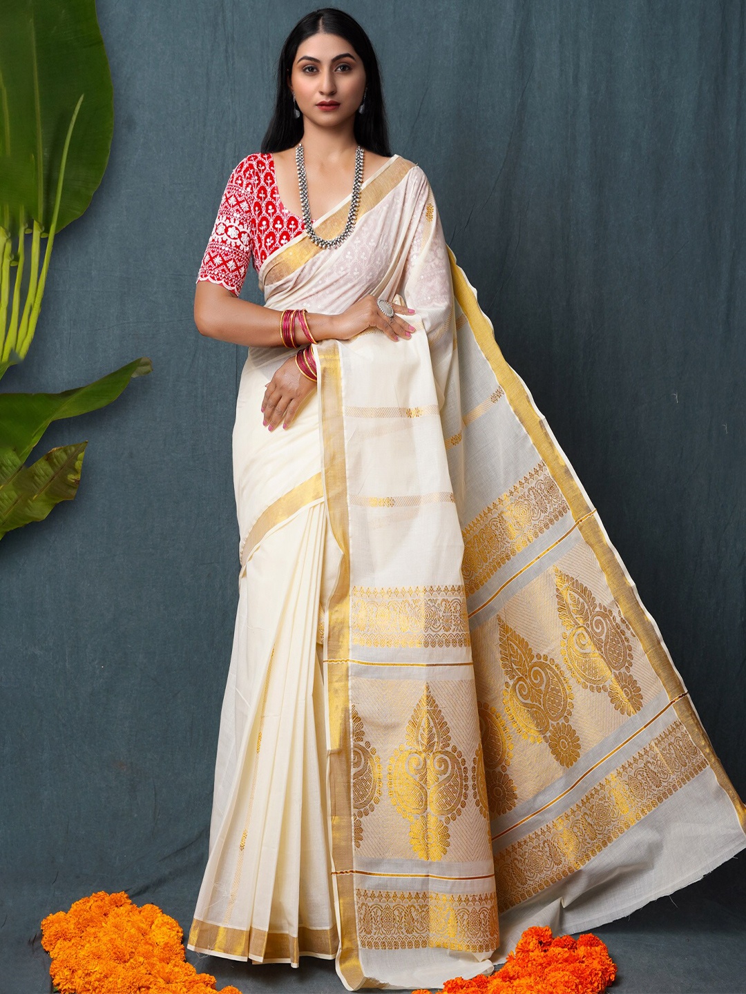 

Unnati Silks Zari Handloom Pure Cotton Kasavu Saree, Cream