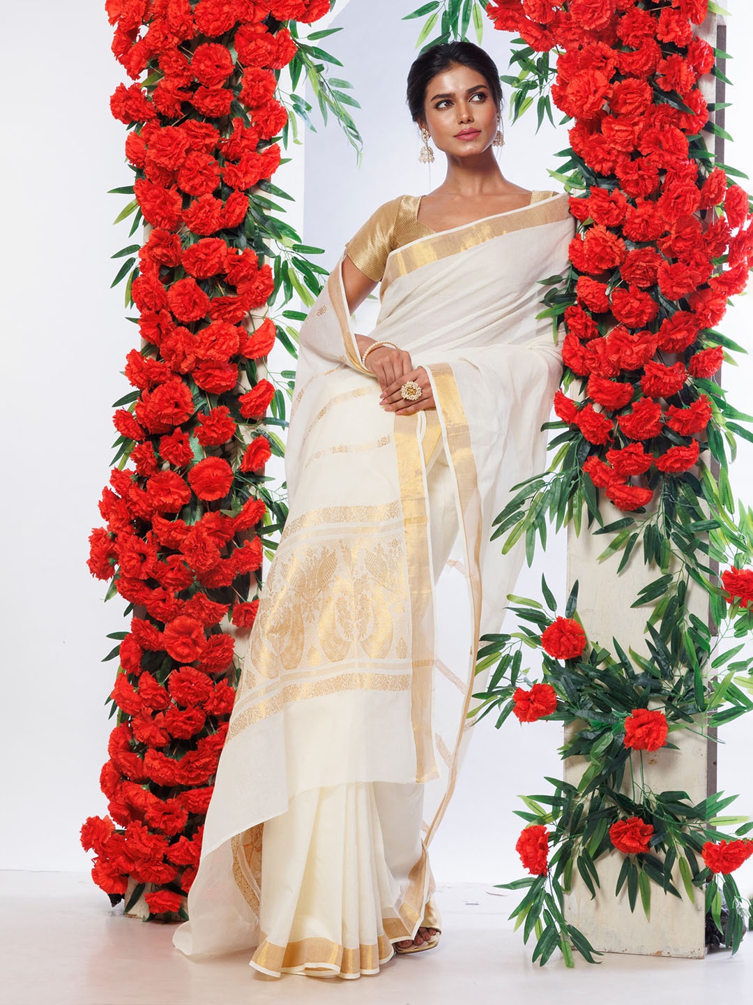 

Unnati Silks Zari Pure Cotton Kasavu Saree, Cream
