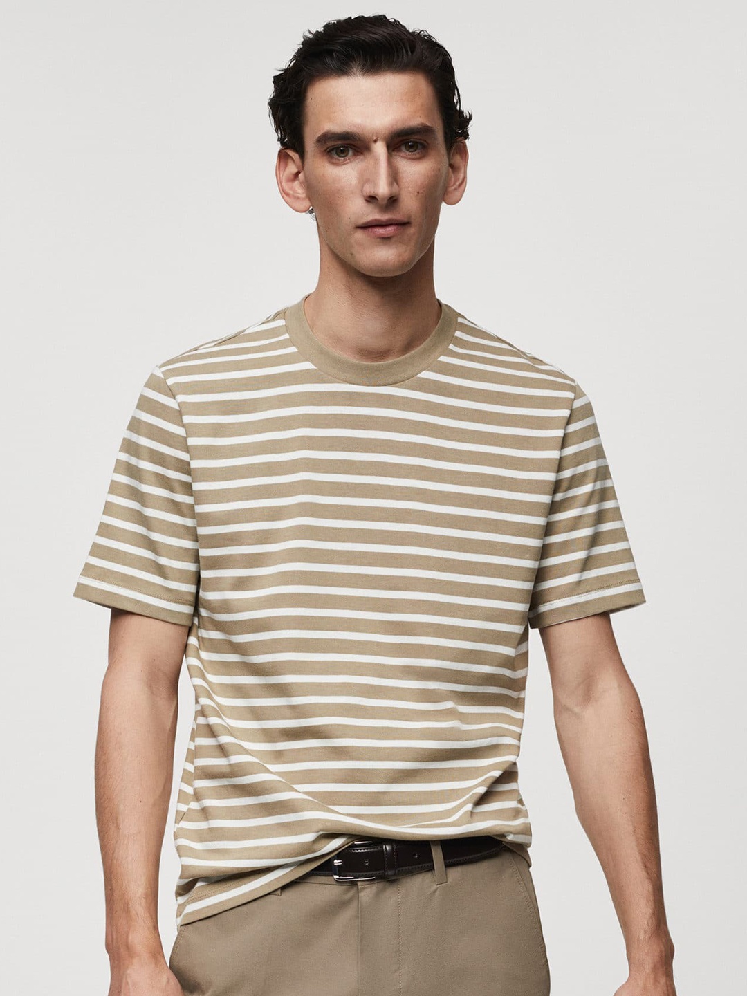 

MANGO MAN Pure Cotton Striped T-shirt with Mask, Beige