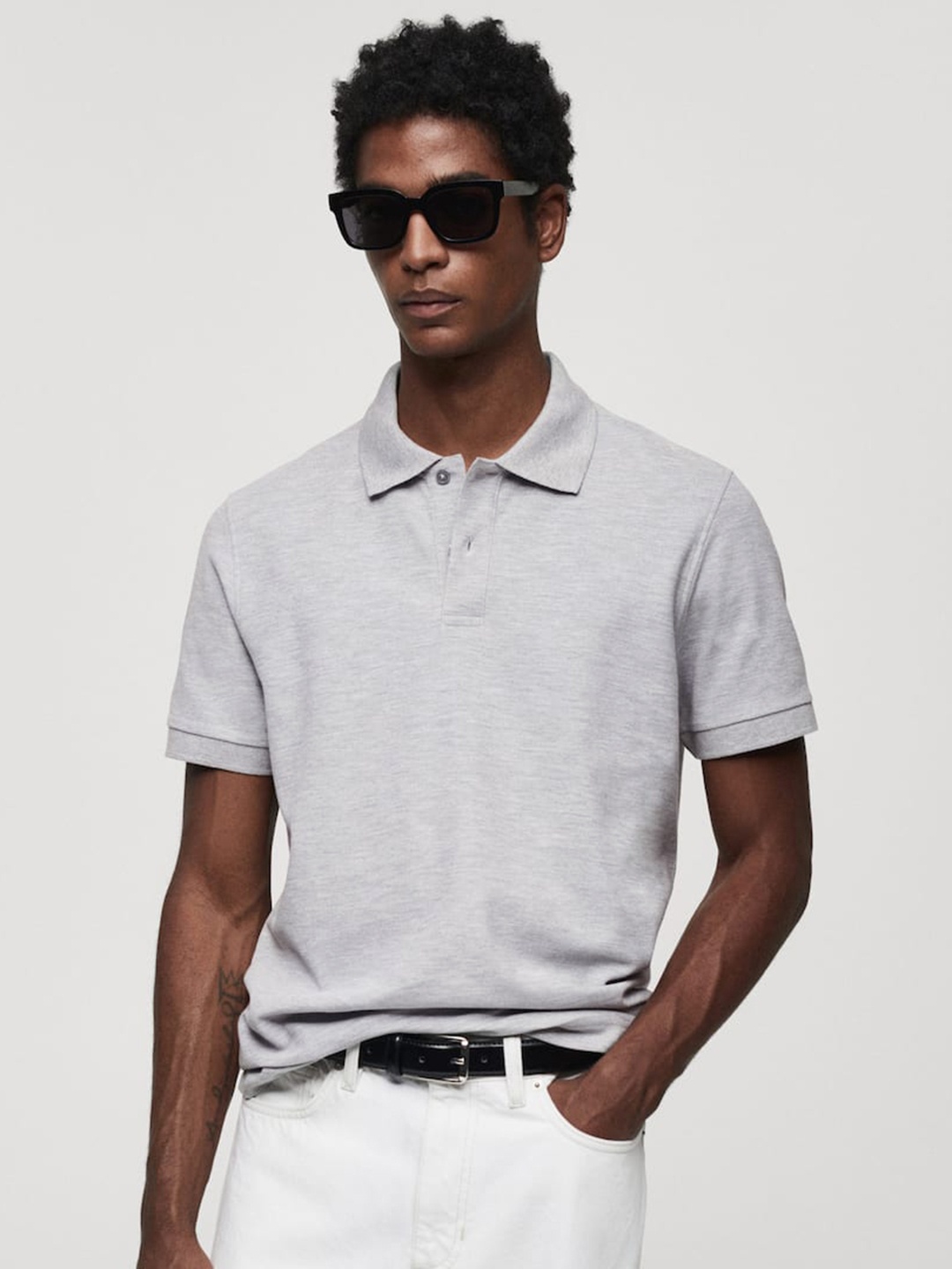 

MANGO MAN Pique Polo Collar T-shirt, Grey melange