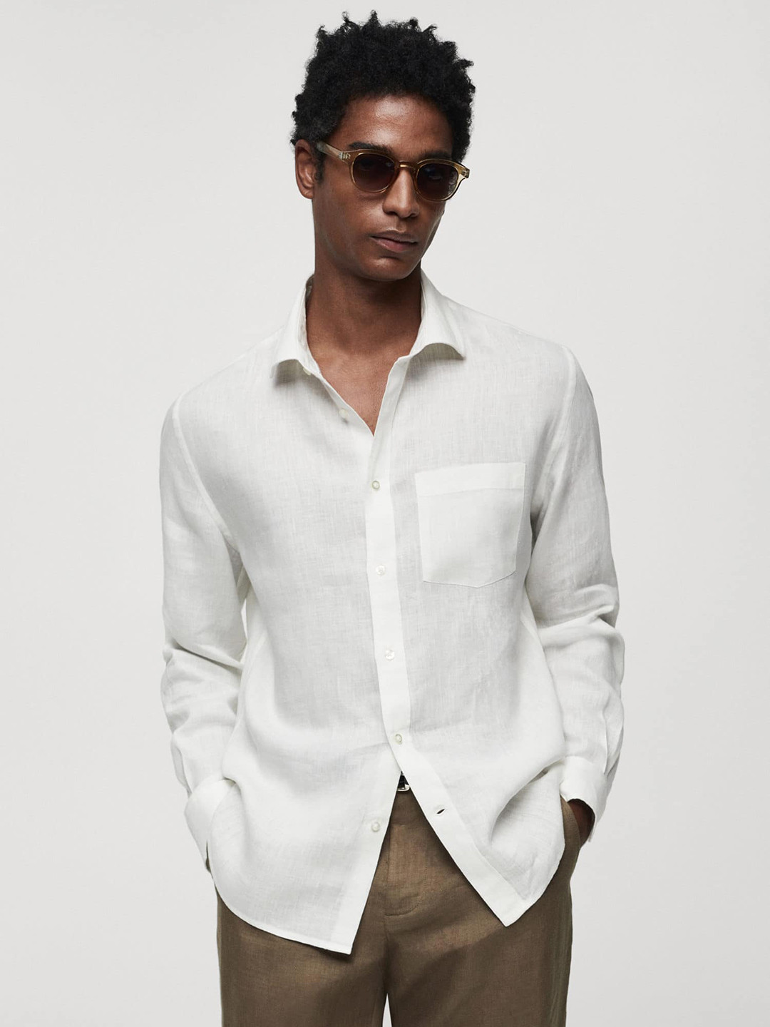 

MANGO MAN Linen Spread Collar Casual Shirt, White