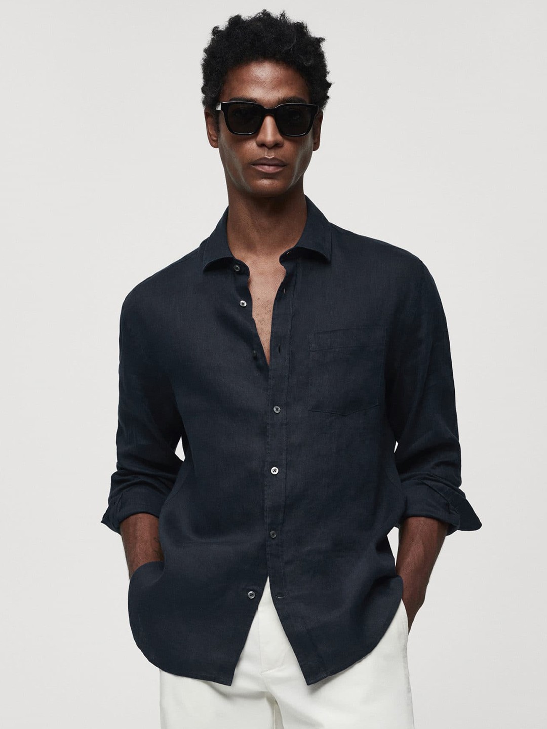 

MANGO MAN Linen Spread Collar Casual Shirt, Navy blue