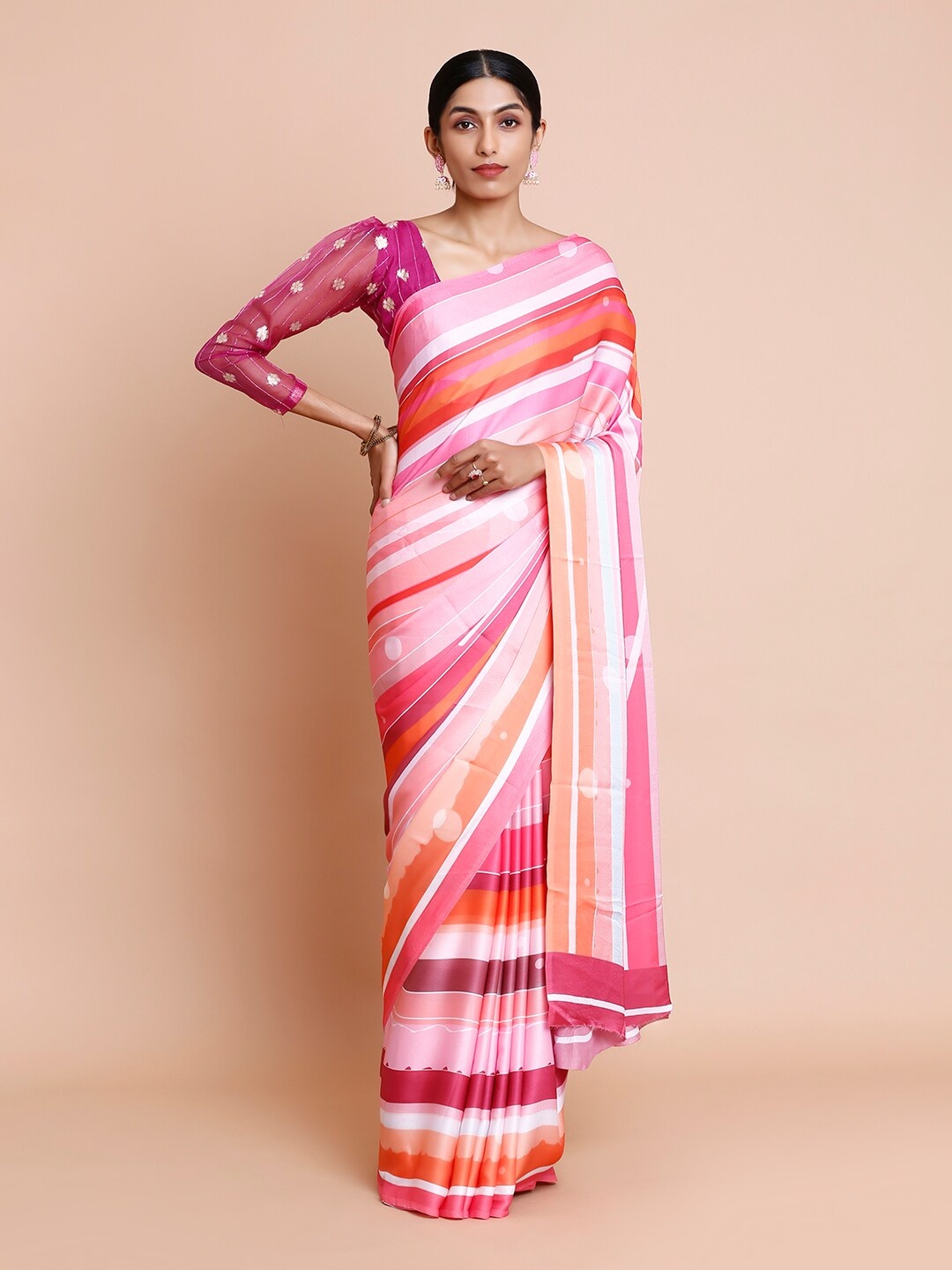 

Kalyan Silks Striped Dabu Crepe Saree, Orange