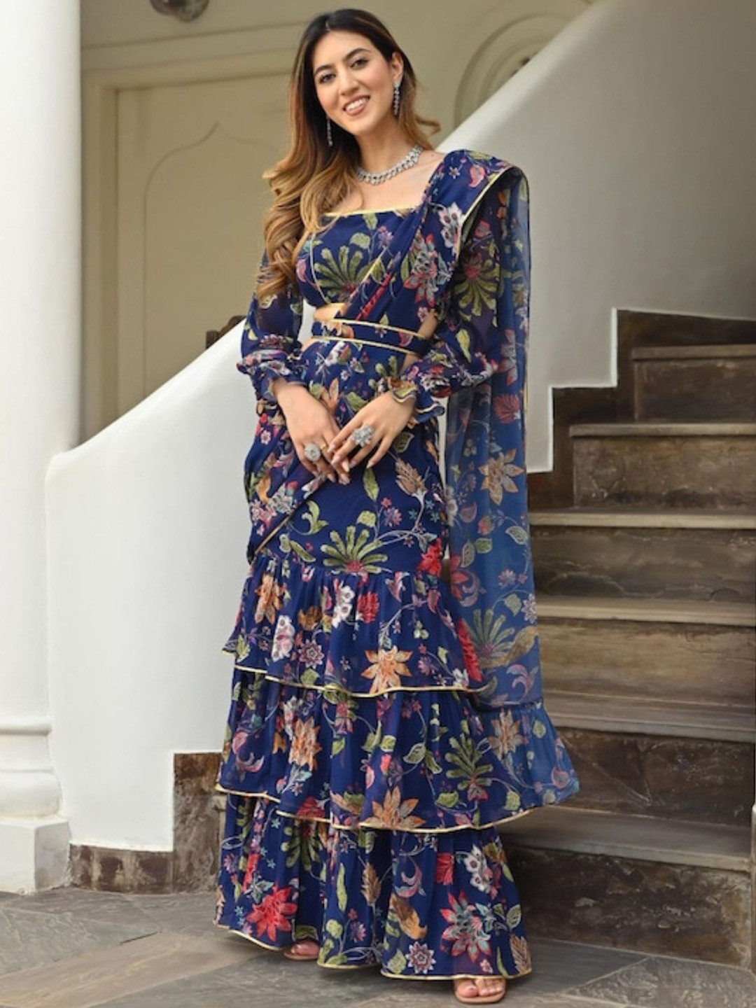 

ODETTE Floral Printed Gotta Patti Saree with Stitched Blouse, Navy blue