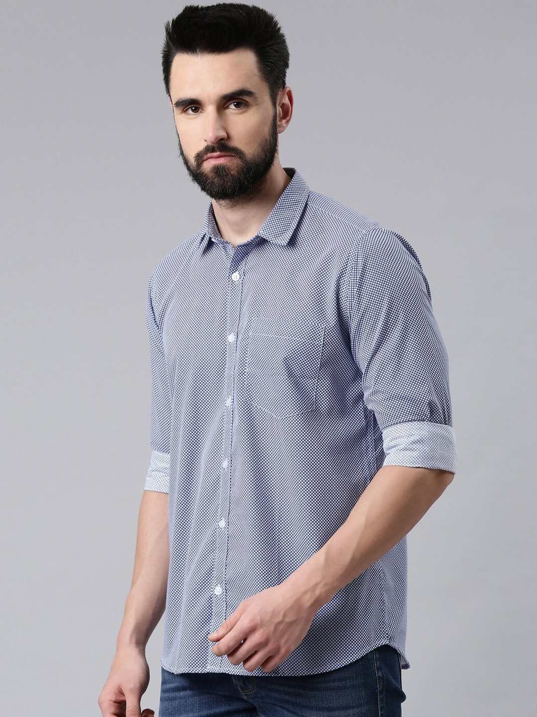 

Kryptic Smart Geometric Printed Spread Collar Long Sleeves Casual Shirt, Blue