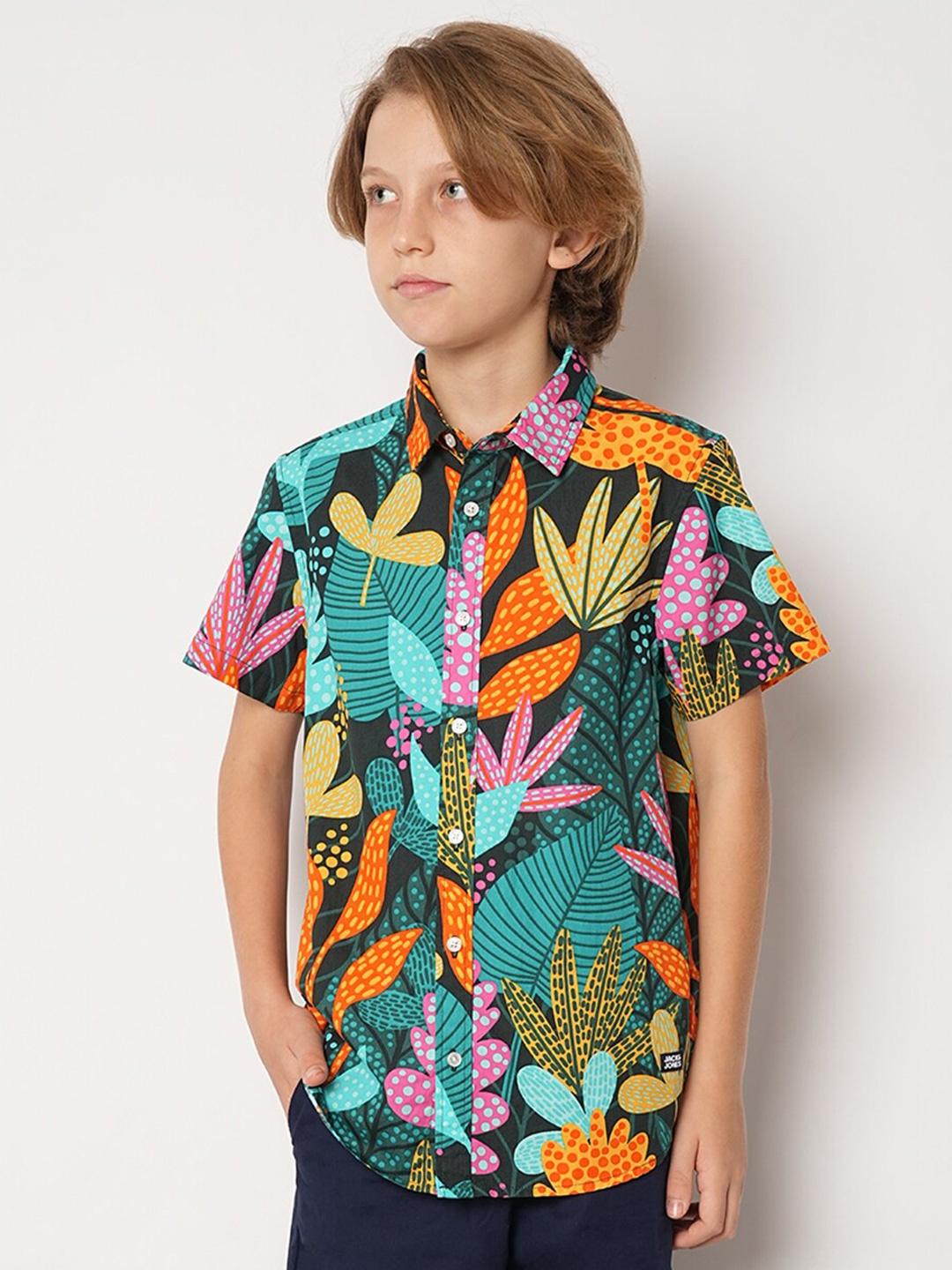Jack & Jones Junior Boys Tropical Printed Pure Cotton Casual Shirt, Green