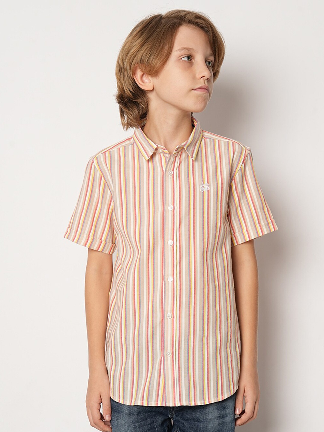 

Jack & Jones Junior Boys Vertical Striped Pure Cotton Casual Shirt, Beige