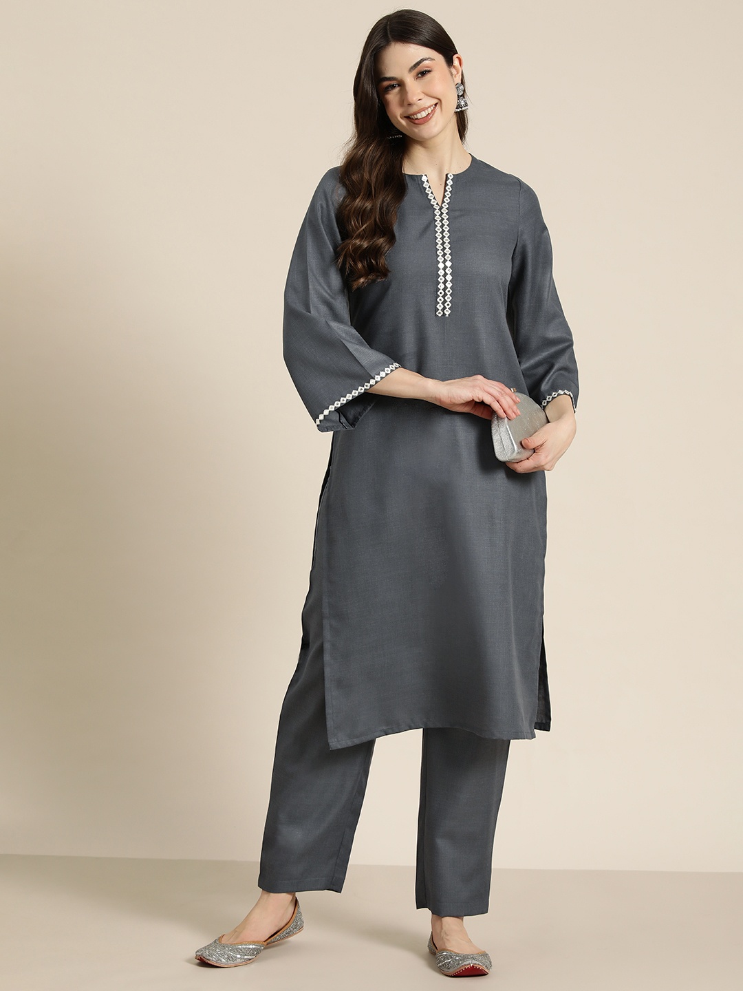 

HERE&NOW Flared Sleeves Mirror Work Kurta with Trousers, Grey