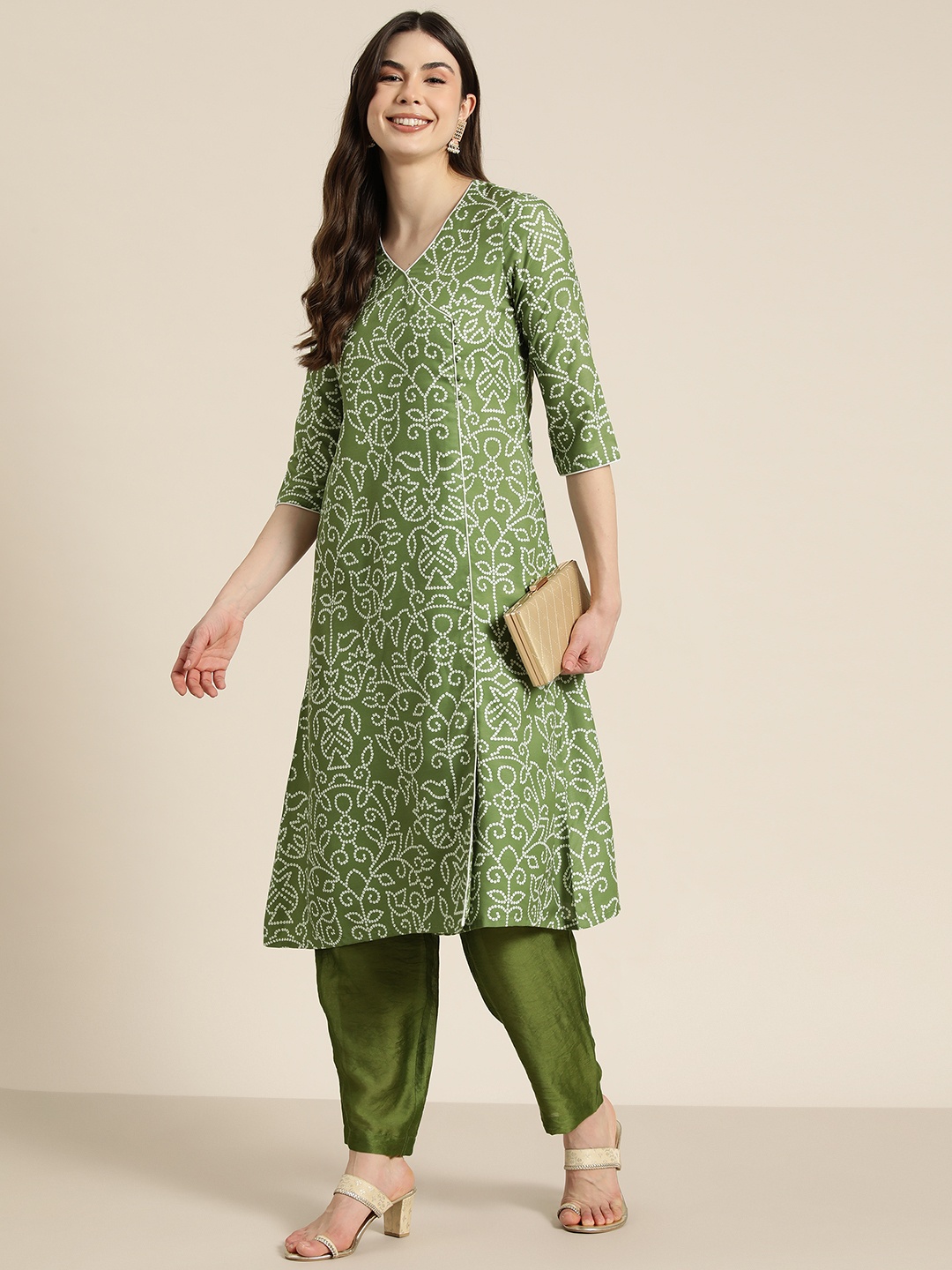 

HERE&NOW Bandhani Printed Angrakha Kurta with Trousers, Green