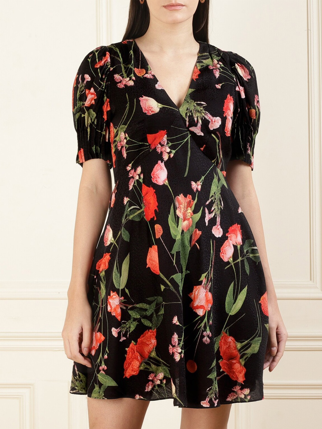 

Ted Baker Floral Printed Puff-Sleeves Fit & Flare Mini Dress, Black