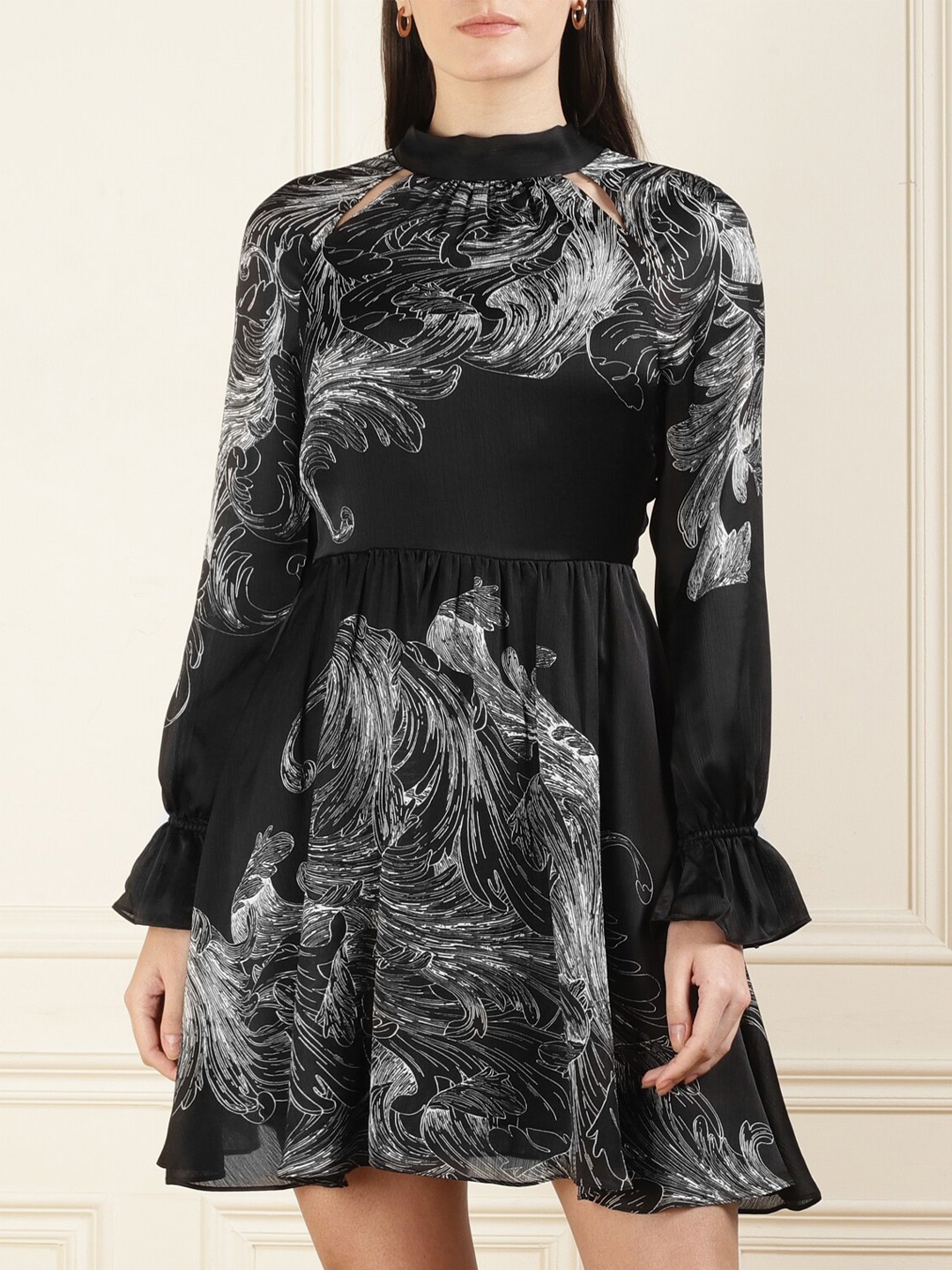 

Ted Baker Floral Mock Neck Puff Sleeve Fit & Flare Mini Dress, Black