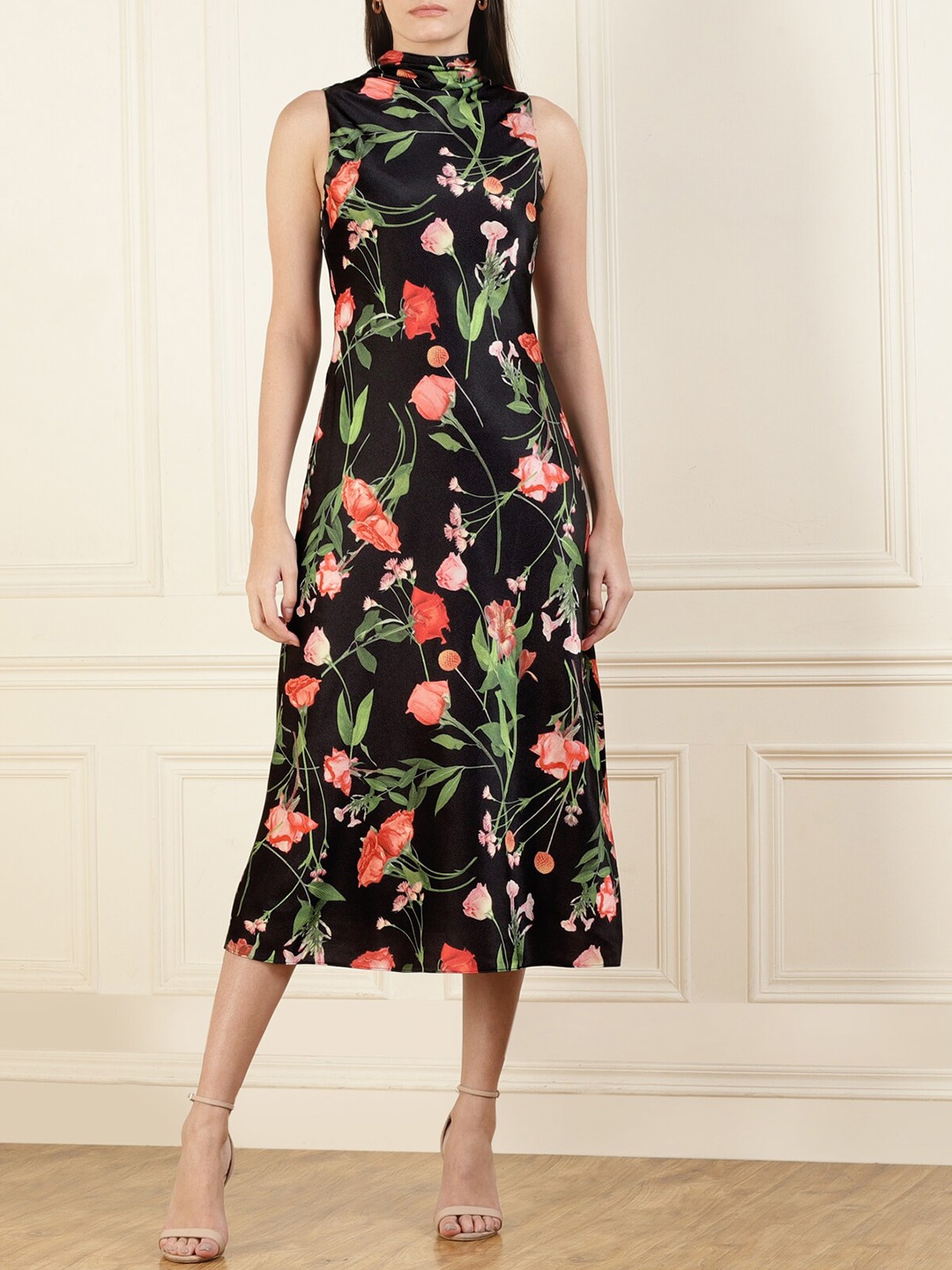 

Ted Baker Floral Print Cowl Neck Midi Dress, Black
