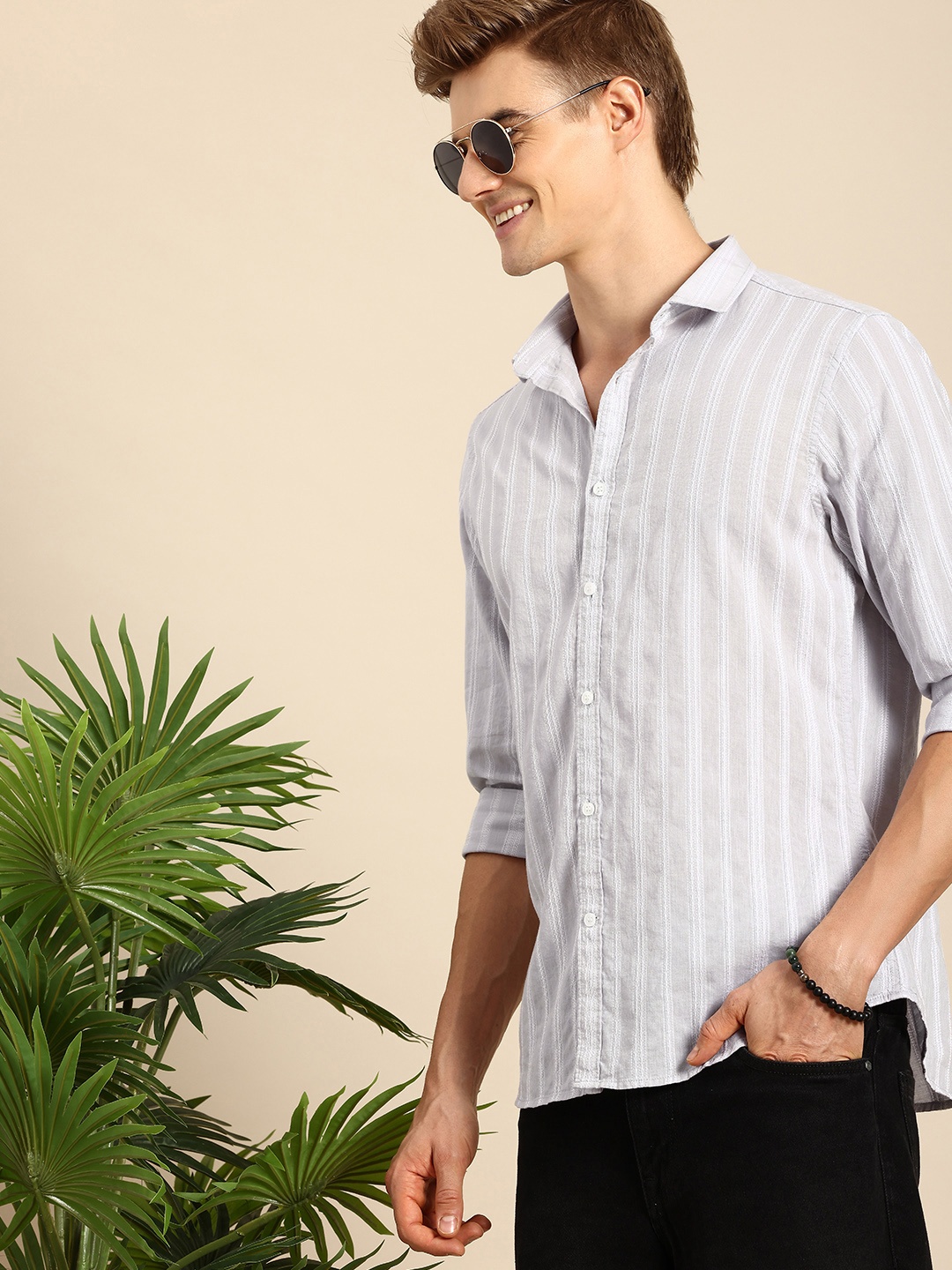 

Mast & Harbour Men Striped Pure Cotton Casual Shirt, Grey