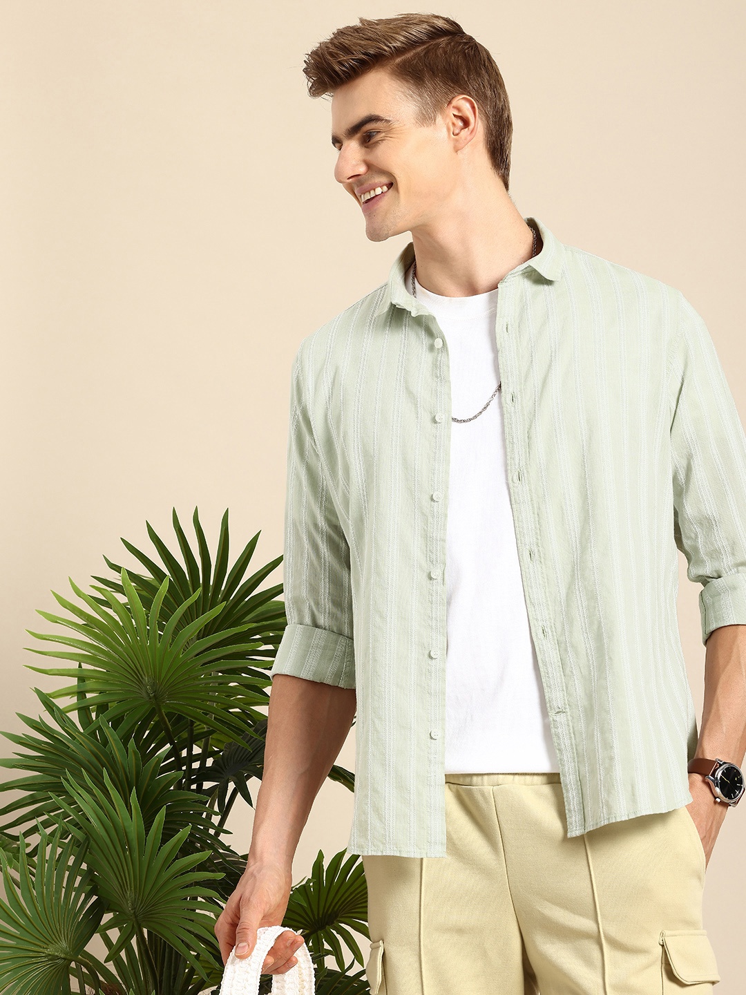 

Mast & Harbour Men Striped Pure Cotton Casual Shirt, Olive