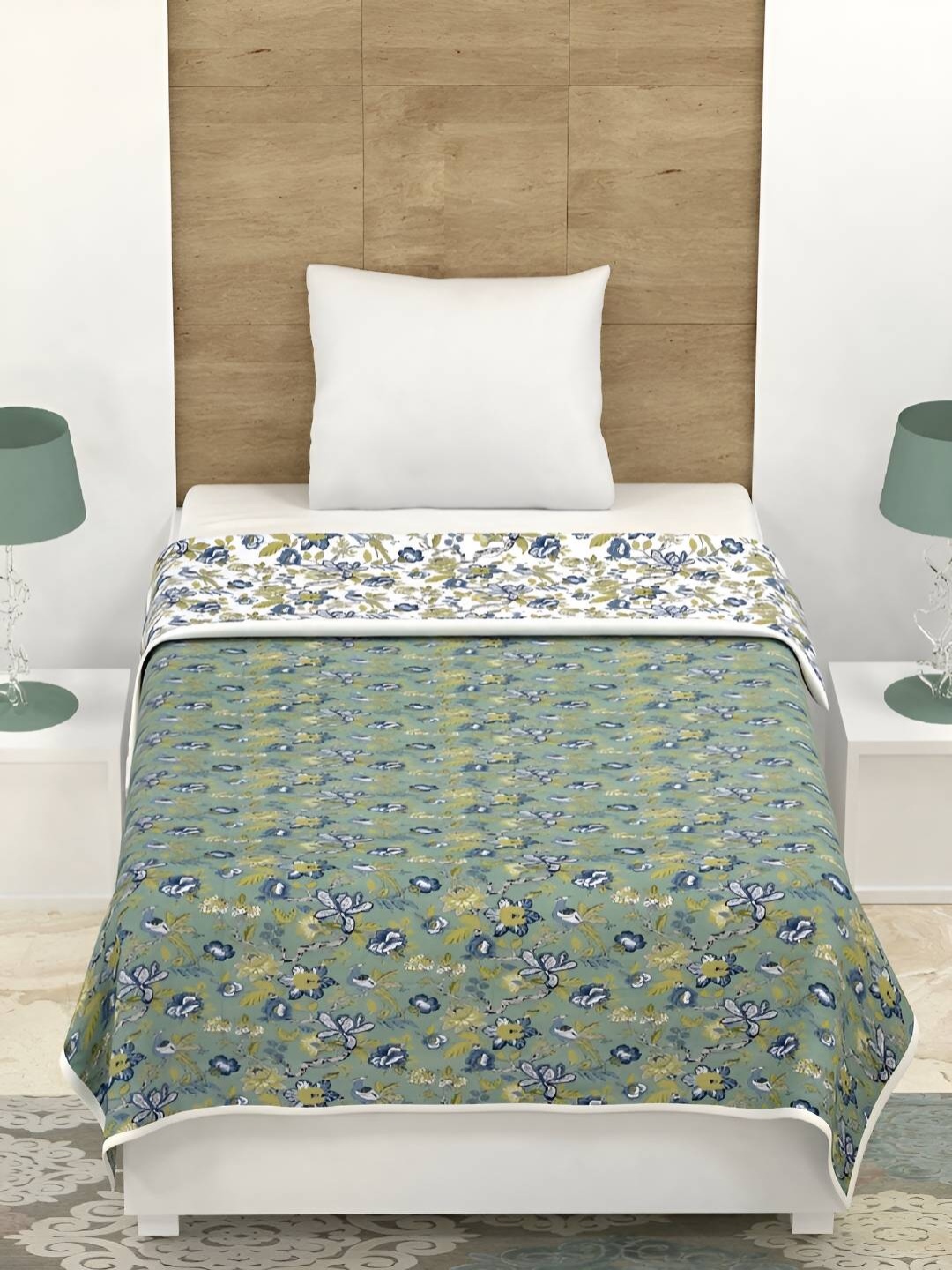 

tundwal's Green & White Floral AC Room 210 GSM Double Bed Dohar