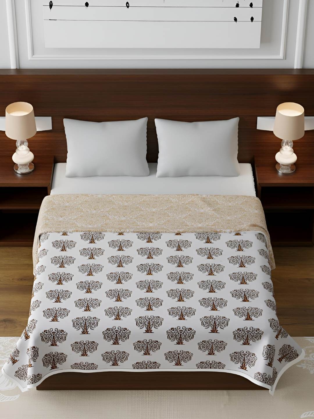 

tundwal's Gold-Toned & White Floral AC Room Cotton Double Bed Dohar