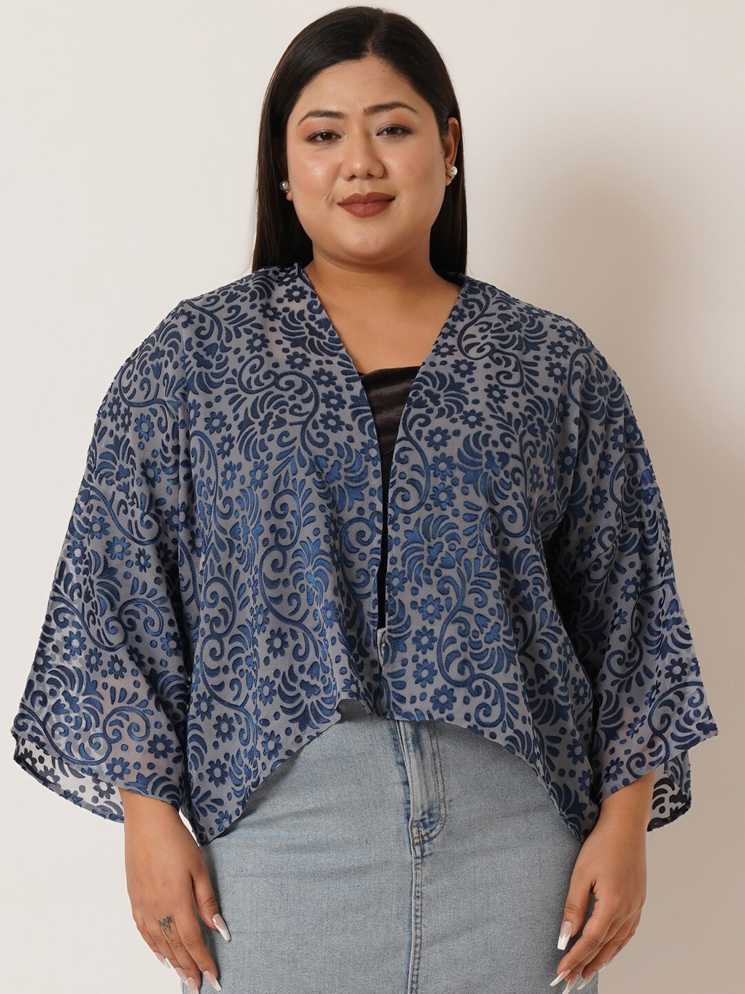 

IX IMPRESSION Plus Size Floral Printed Open Front Shrug, Navy blue